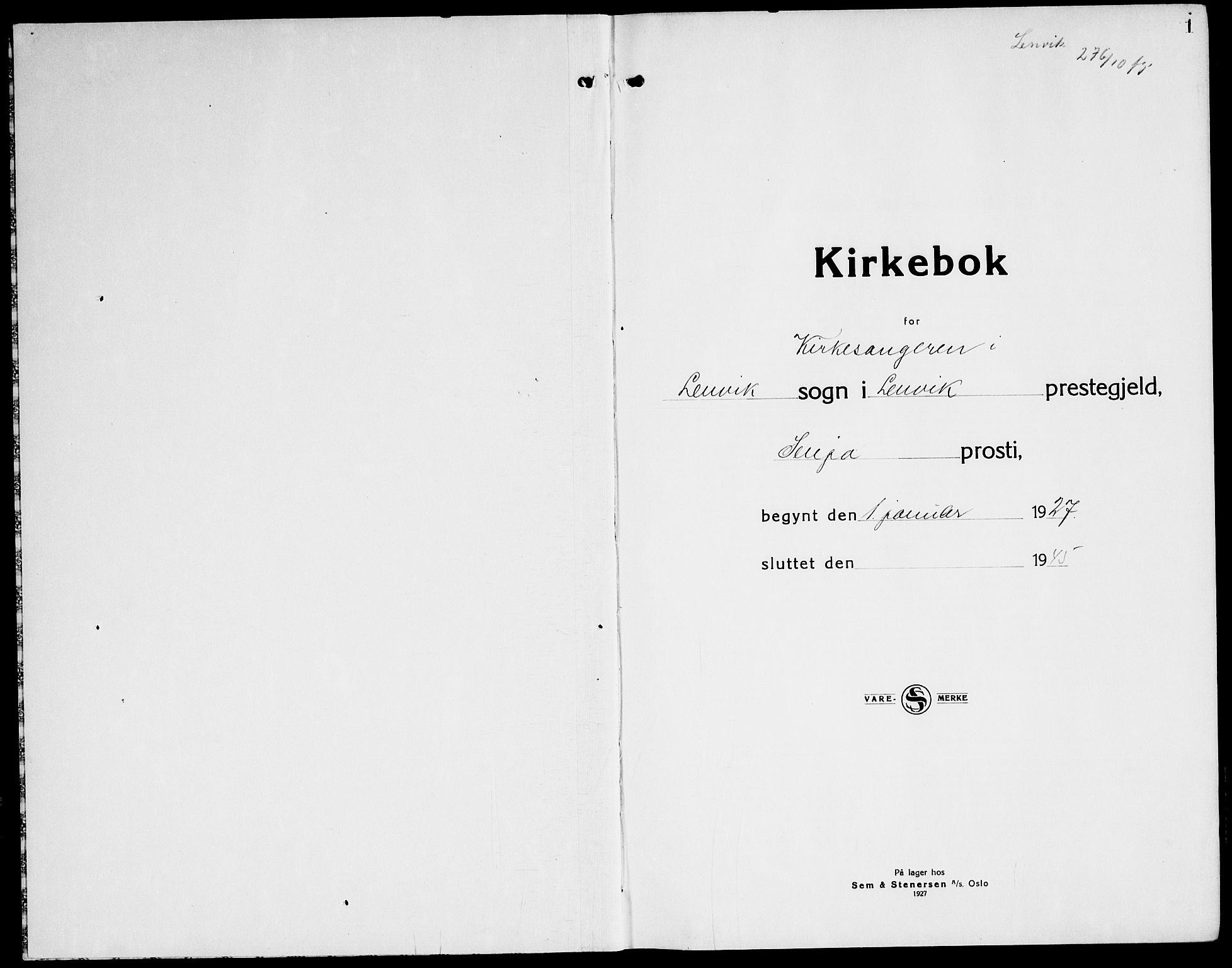 Lenvik sokneprestembete, AV/SATØ-S-1310/H/Ha/Hab/L0010klokker: Parish register (copy) no. 10, 1927-1945, p. 1