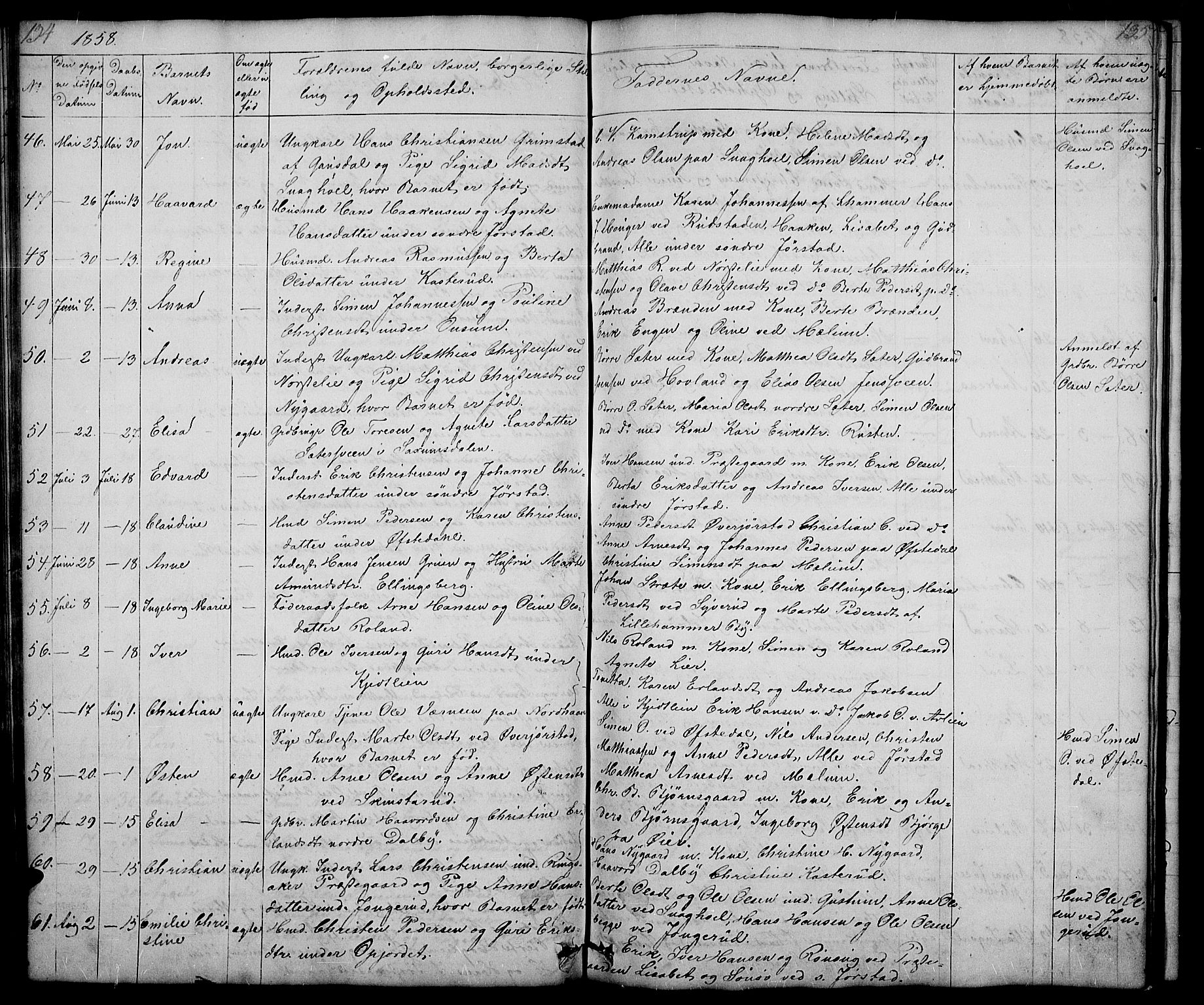 Fåberg prestekontor, AV/SAH-PREST-086/H/Ha/Hab/L0005: Parish register (copy) no. 5, 1837-1864, p. 134-135
