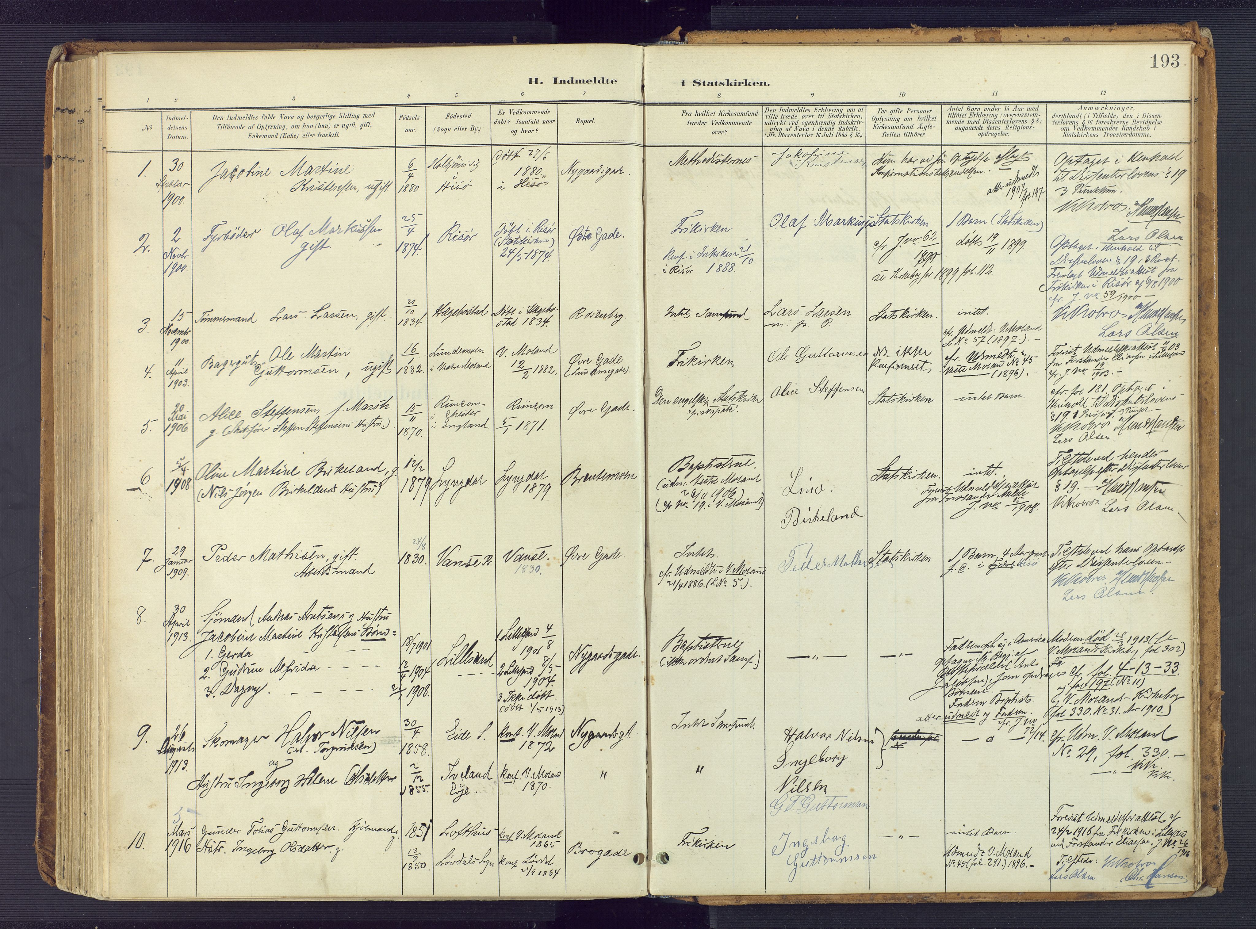 Vestre Moland sokneprestkontor, AV/SAK-1111-0046/F/Fa/Faa/L0002: Parish register (official) no. A 2, 1900-1926, p. 193