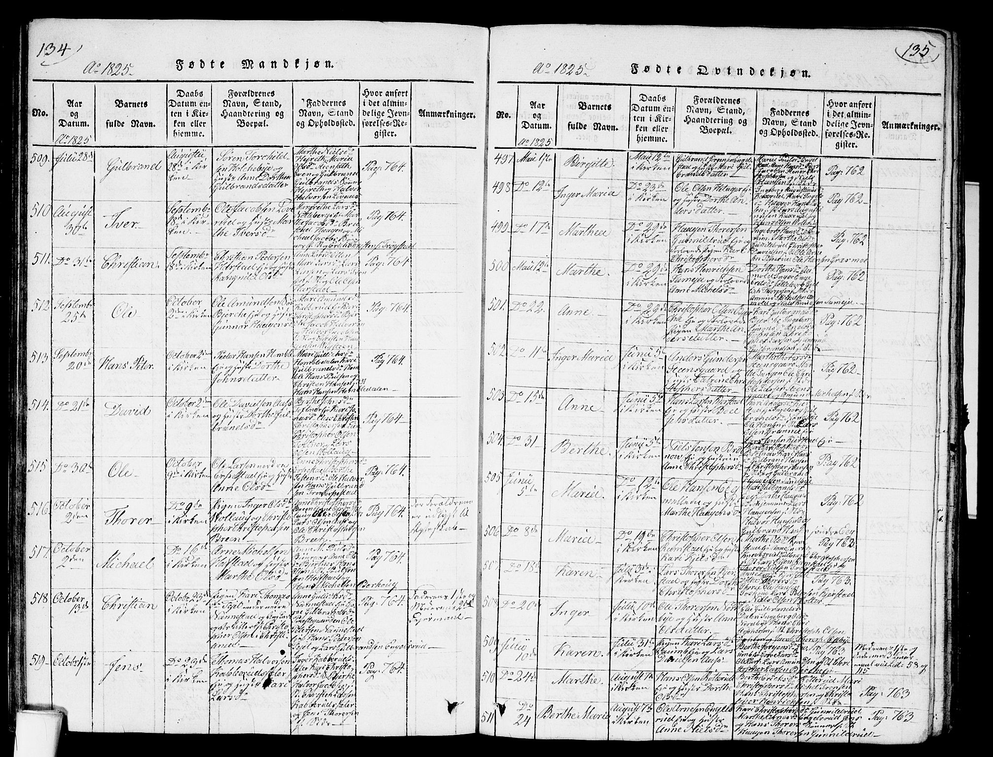 Nannestad prestekontor Kirkebøker, AV/SAO-A-10414a/G/Ga/L0001: Parish register (copy) no. I 1, 1815-1839, p. 134-135