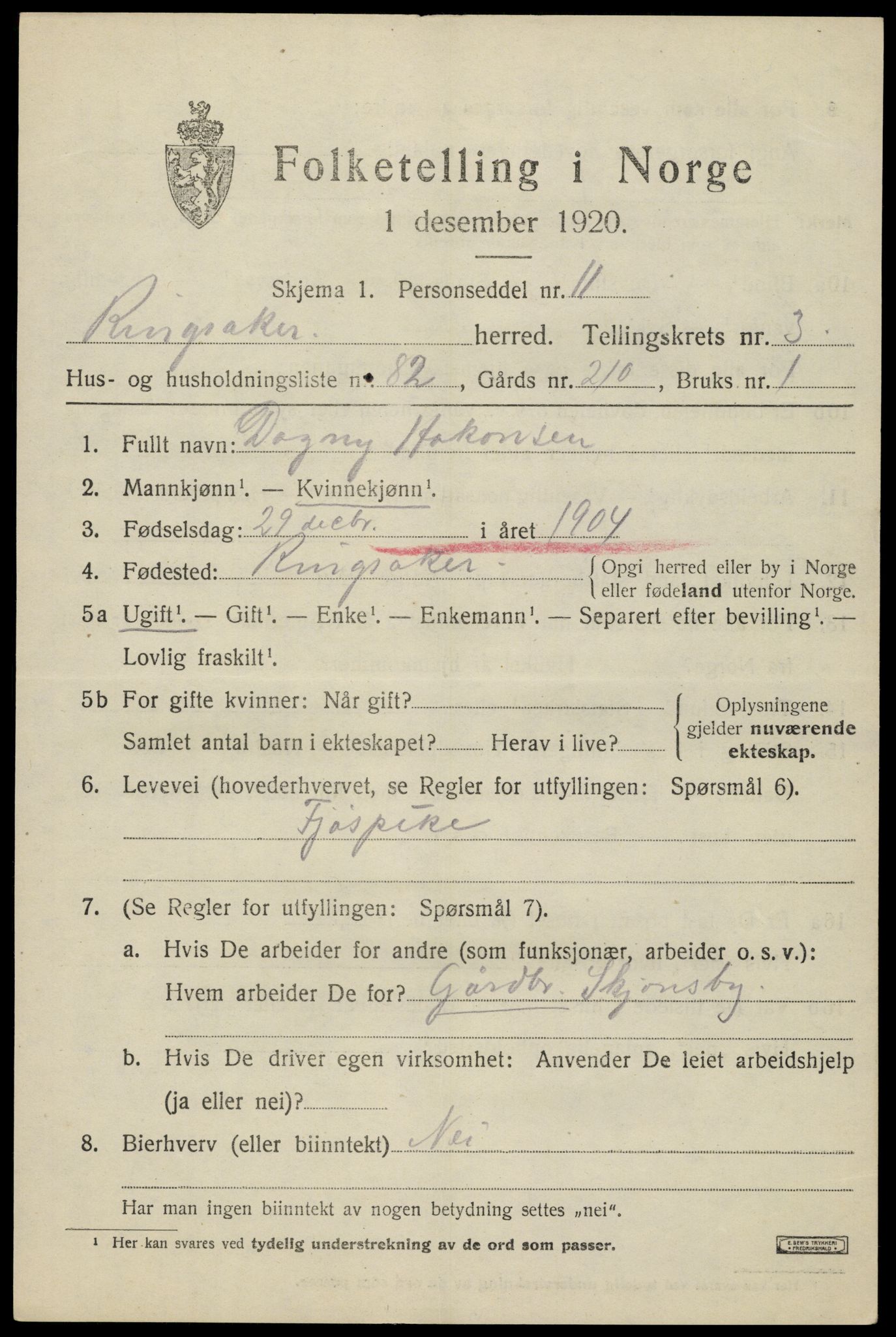 SAH, 1920 census for Ringsaker, 1920, p. 8562