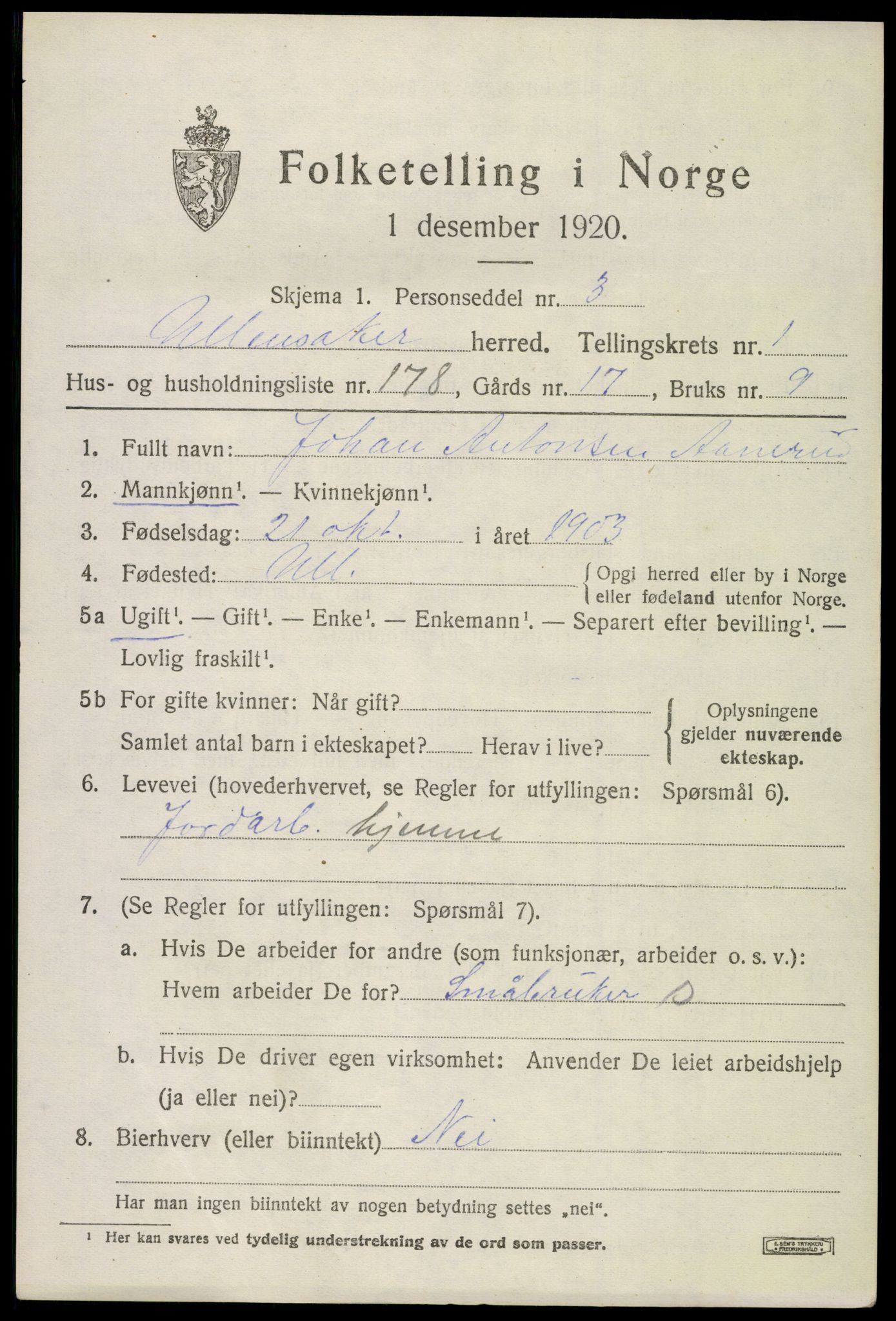 SAO, 1920 census for Ullensaker, 1920, p. 4657