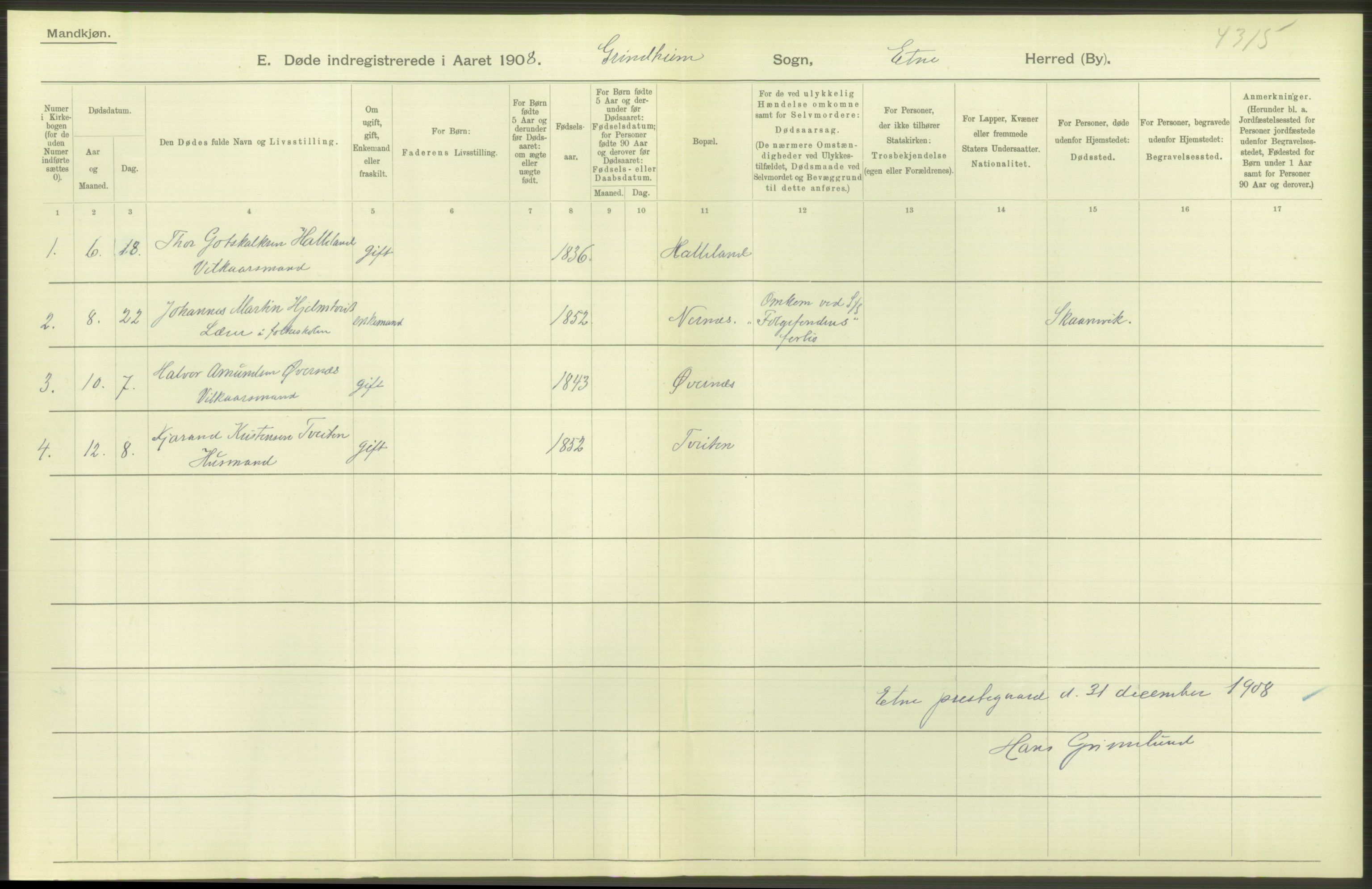 Statistisk sentralbyrå, Sosiodemografiske emner, Befolkning, AV/RA-S-2228/D/Df/Dfa/Dfaf/L0029: S. Bergenhus amt: Døde. Bygder., 1908, p. 42