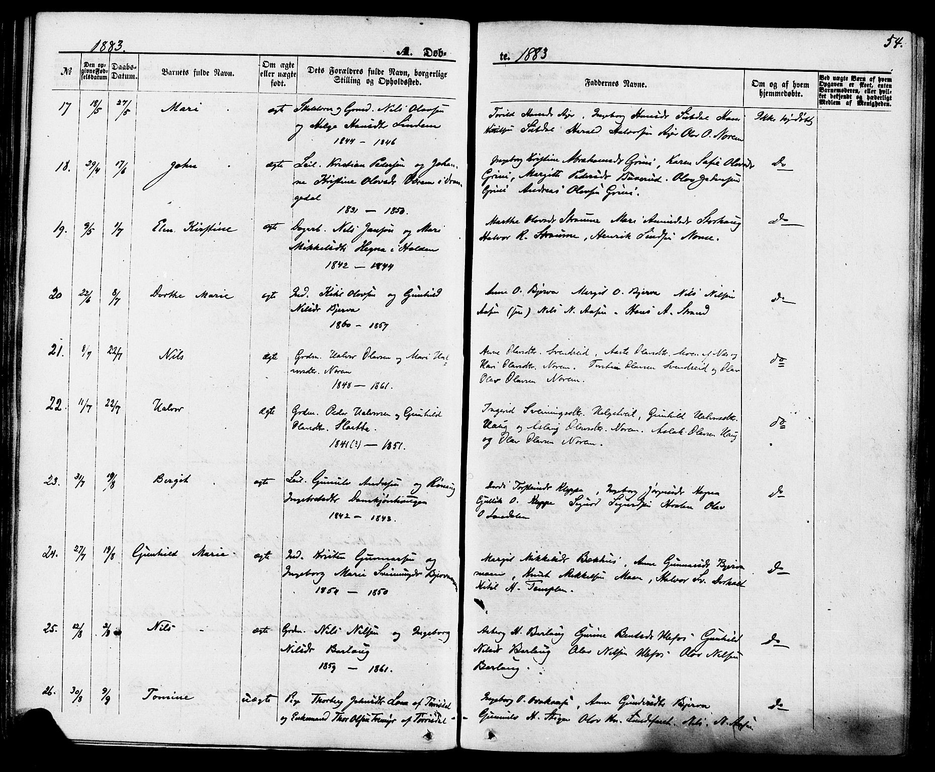 Lunde kirkebøker, AV/SAKO-A-282/F/Fa/L0001: Parish register (official) no. I 1, 1866-1883, p. 54