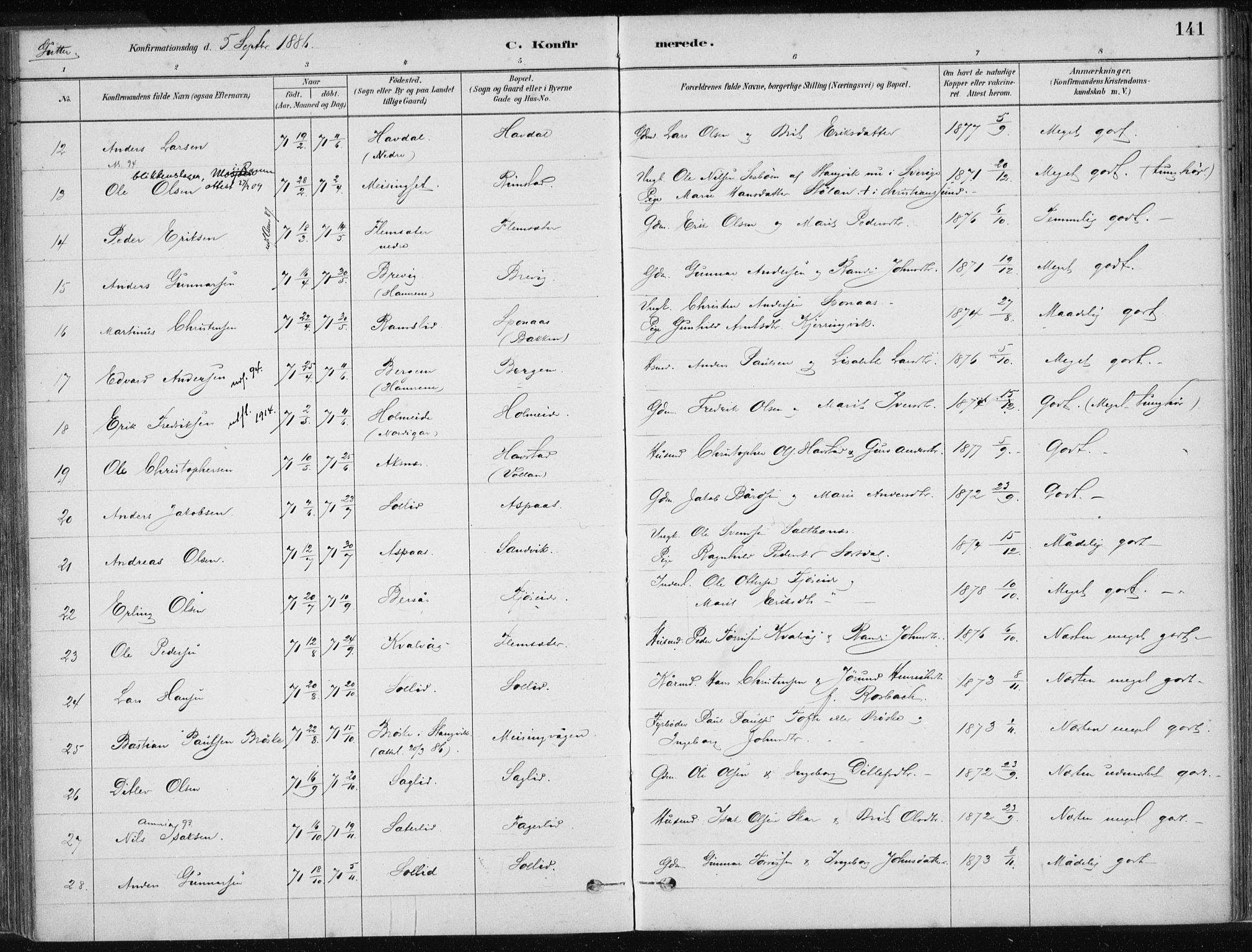 Ministerialprotokoller, klokkerbøker og fødselsregistre - Møre og Romsdal, AV/SAT-A-1454/586/L0987: Parish register (official) no. 586A13, 1879-1892, p. 141