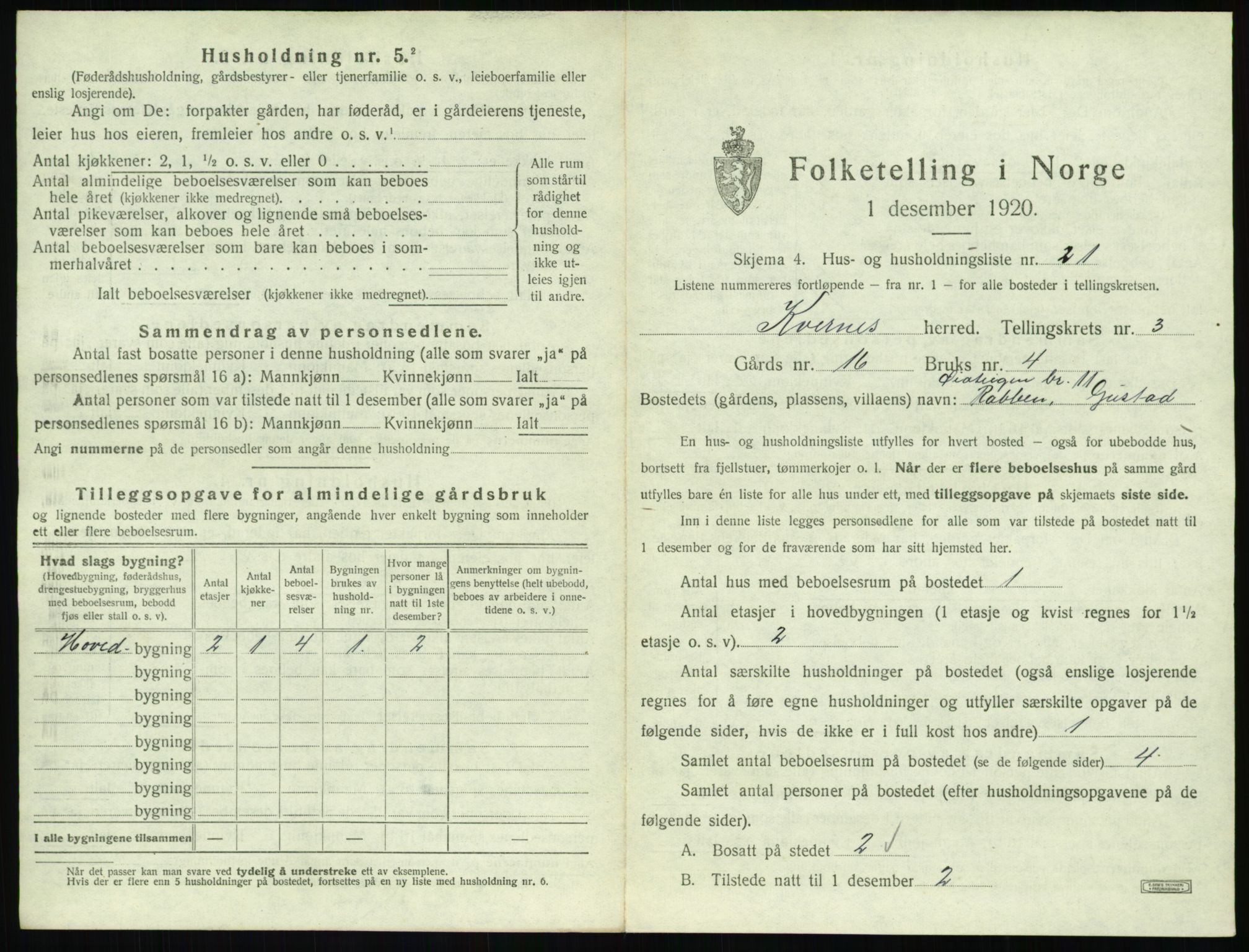 SAT, 1920 census for Kvernes, 1920, p. 279