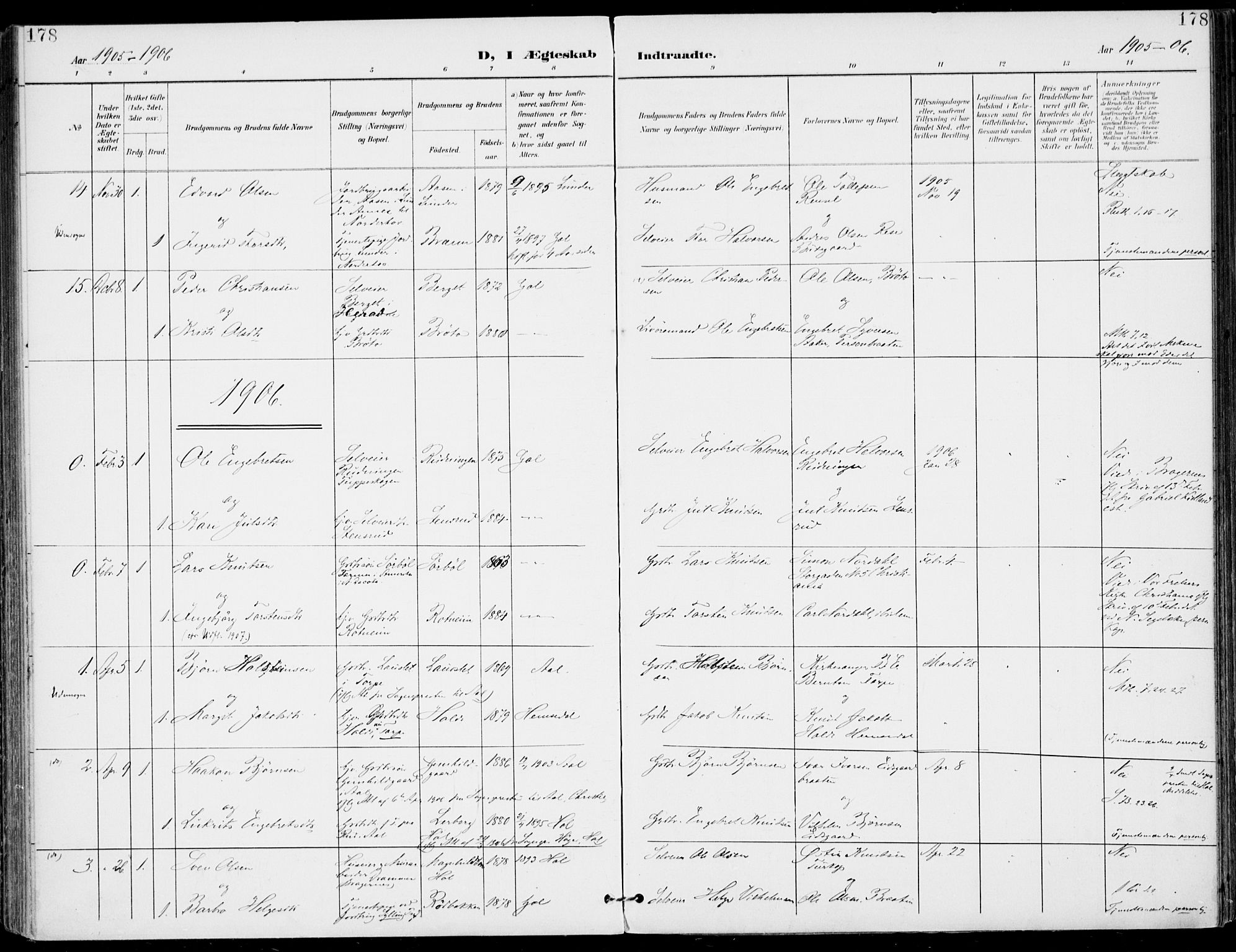 Gol kirkebøker, AV/SAKO-A-226/F/Fa/L0006: Parish register (official) no. I 6, 1901-1918, p. 178