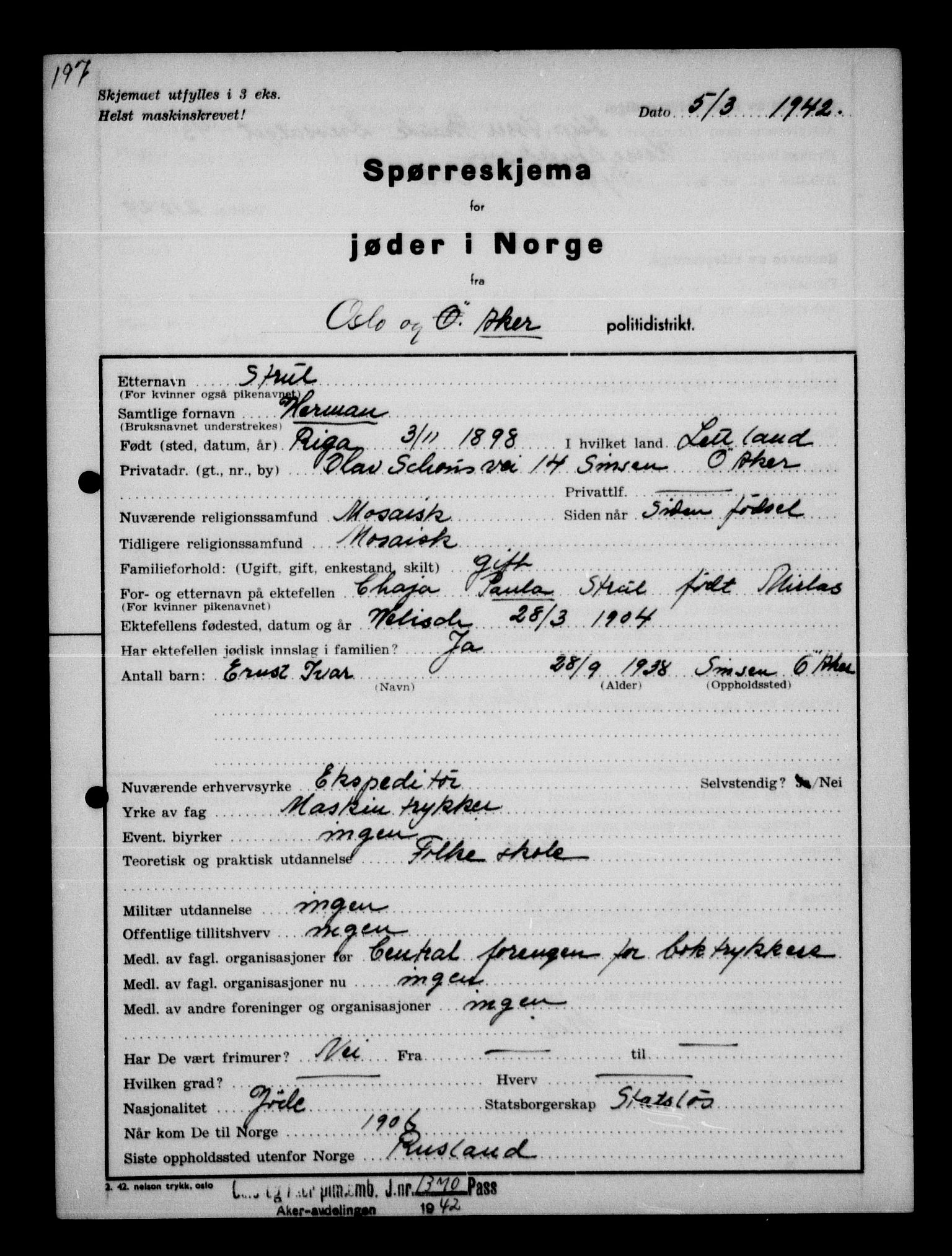 Statspolitiet - Hovedkontoret / Osloavdelingen, AV/RA-S-1329/G/Ga/L0012: Spørreskjema for jøder i Norge. 1: Aker 114- 207 (Levinson-Wozak) og 656 (Salomon). 2: Arendal-Hordaland. 3: Horten-Romerike.  , 1942, p. 254