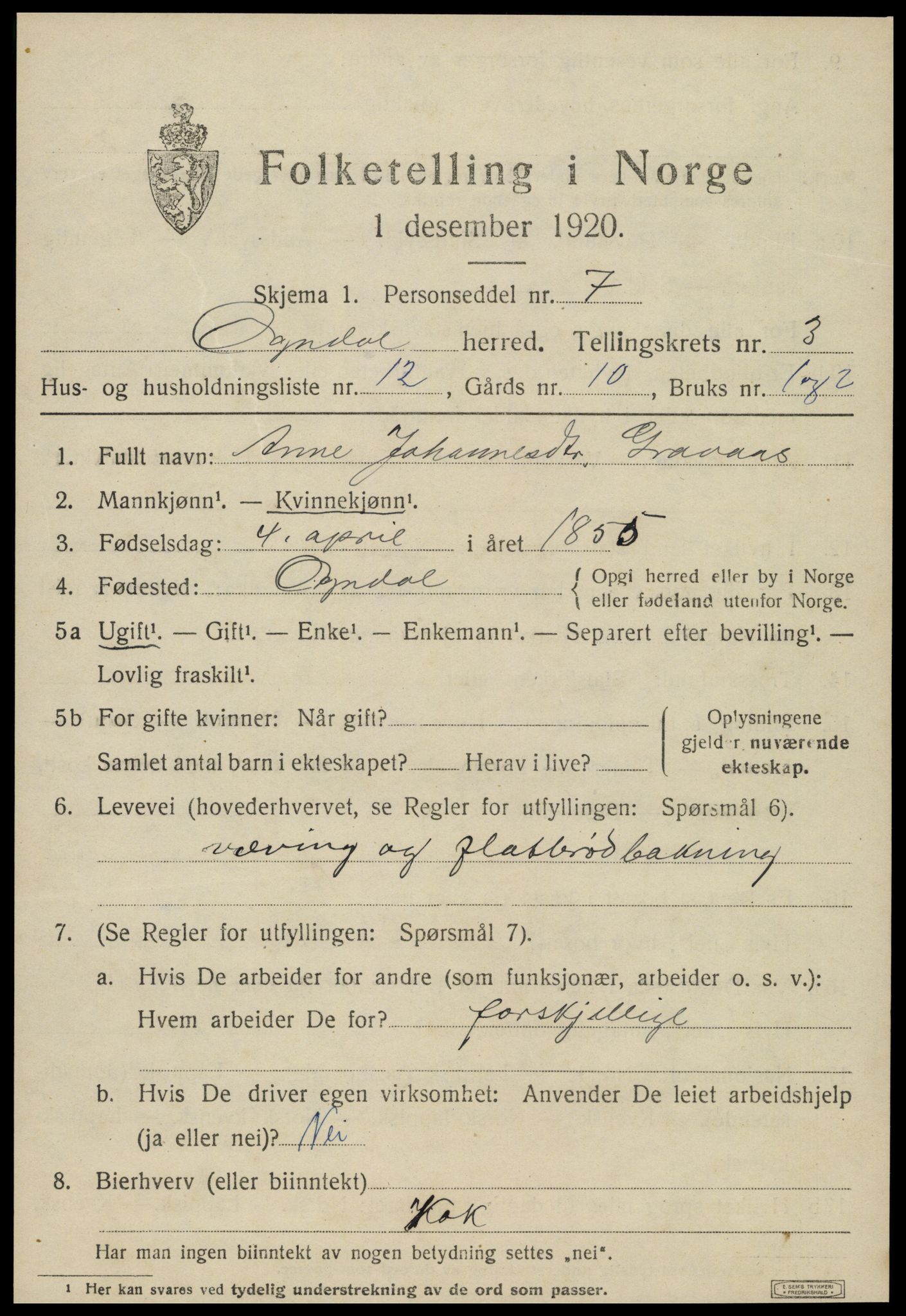 SAT, 1920 census for Ogndal, 1920, p. 1333