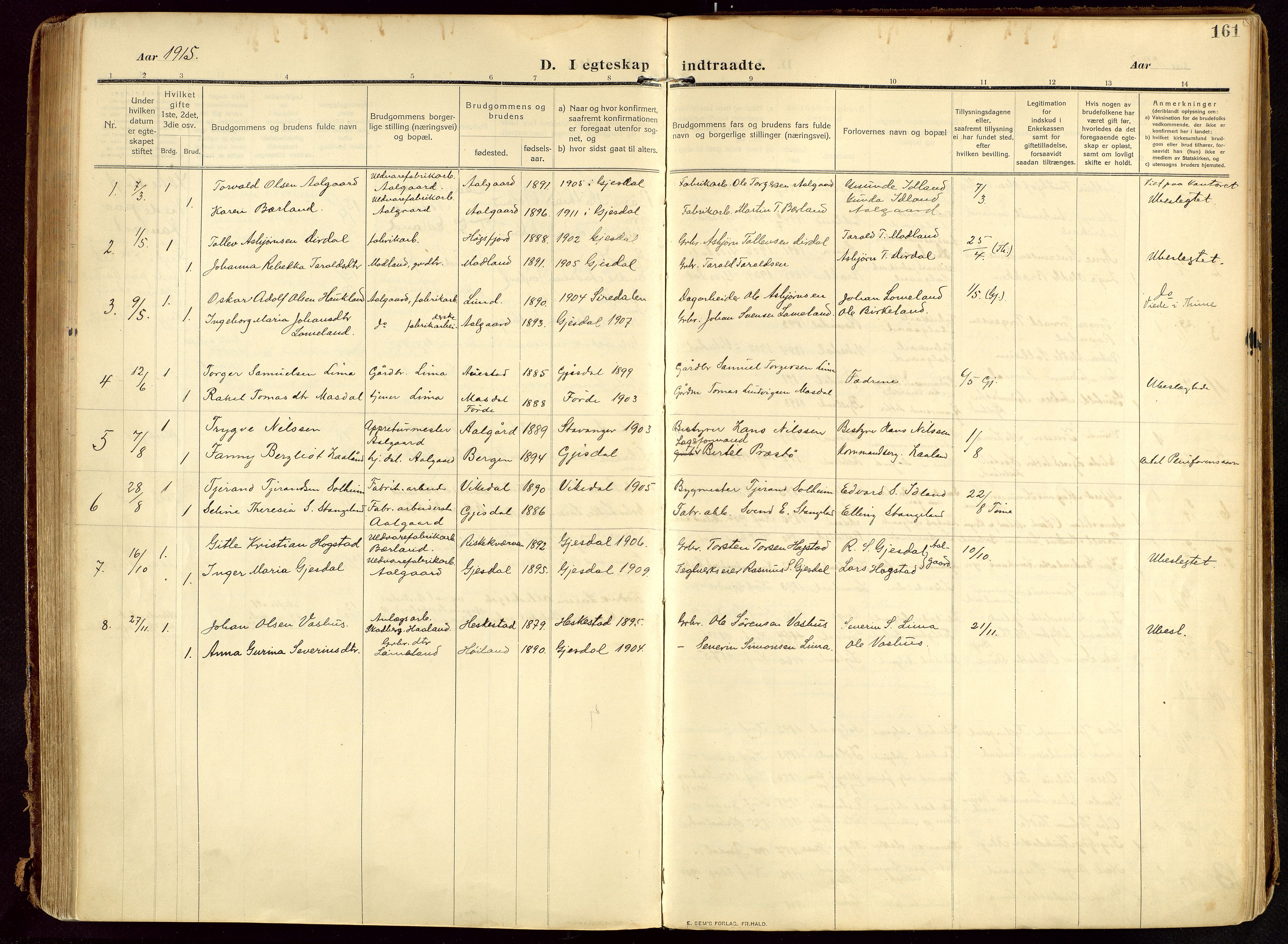 Lye sokneprestkontor, SAST/A-101794/002/B/L0001: Parish register (official) no. A 13, 1910-1925, p. 161