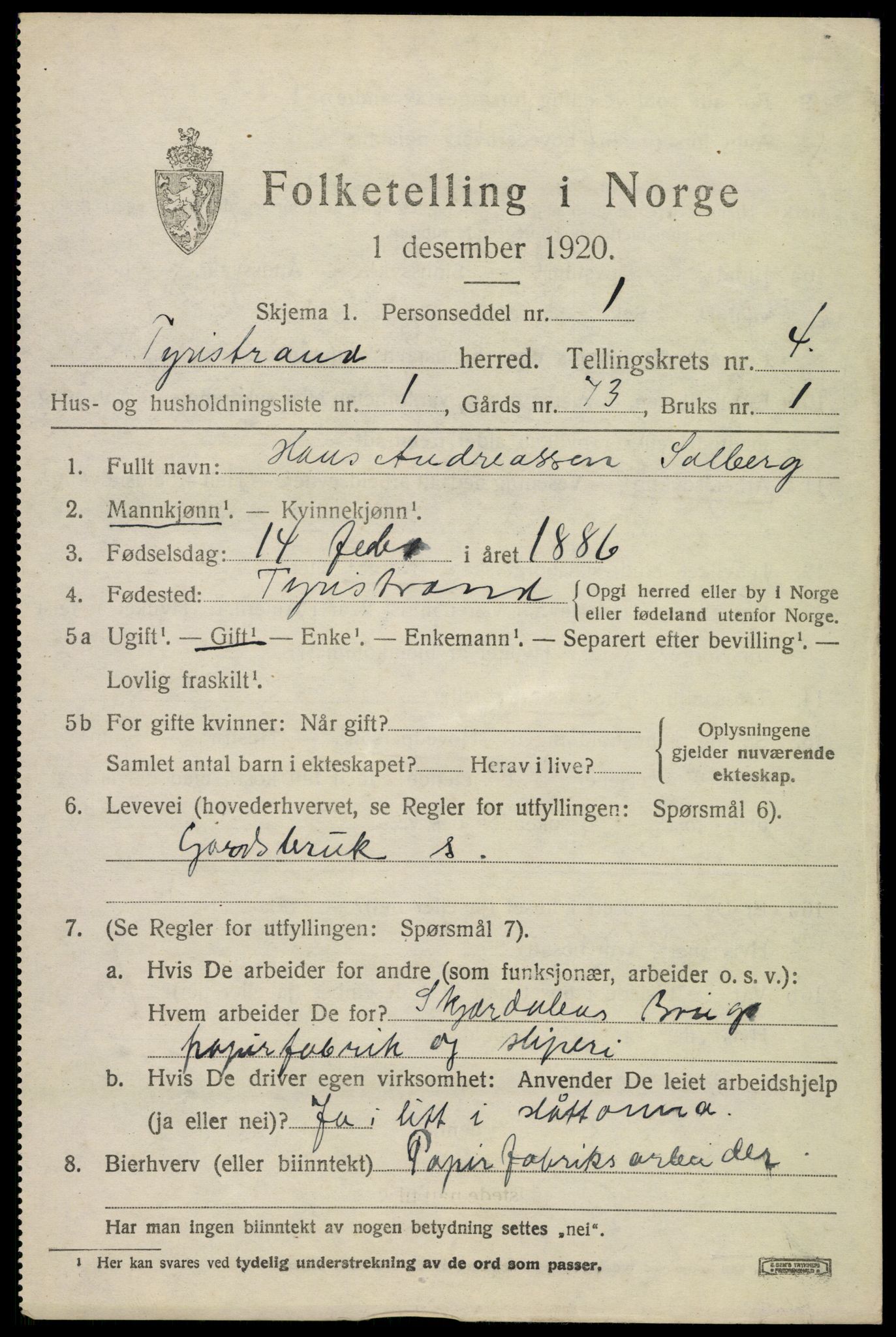 SAKO, 1920 census for Tyristrand, 1920, p. 2986