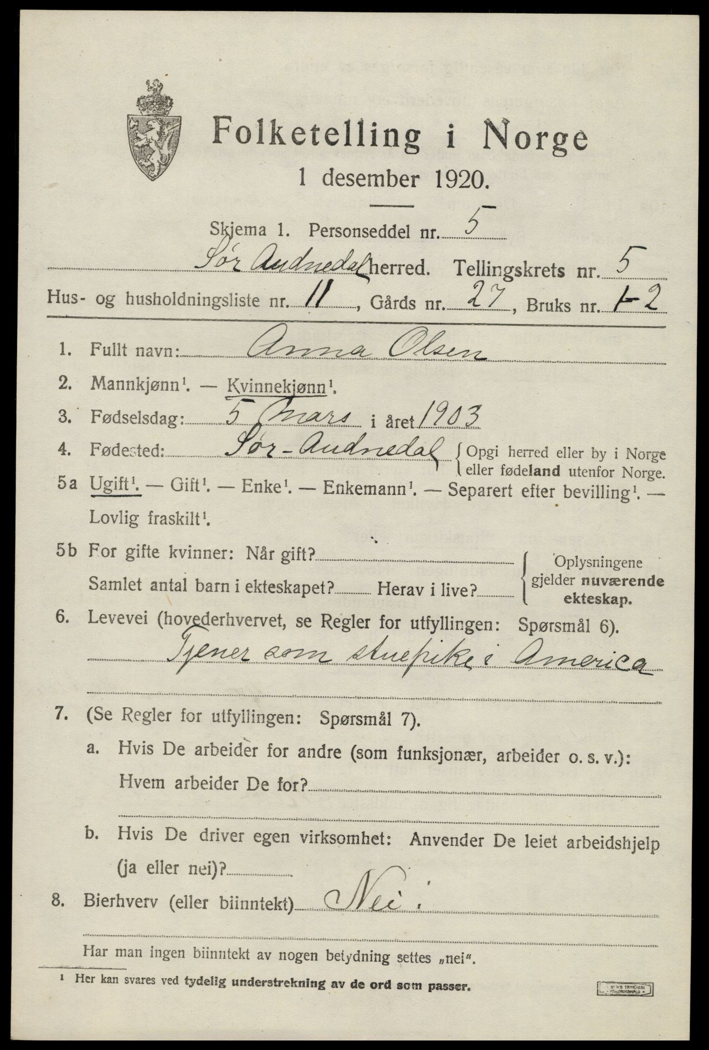 SAK, 1920 census for Sør-Audnedal, 1920, p. 2605