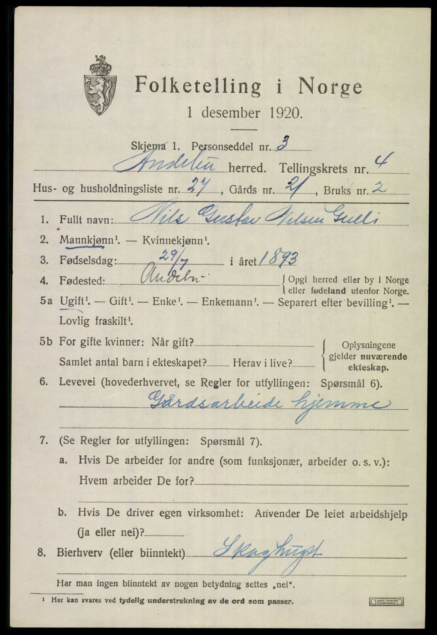 SAKO, 1920 census for Andebu, 1920, p. 2620