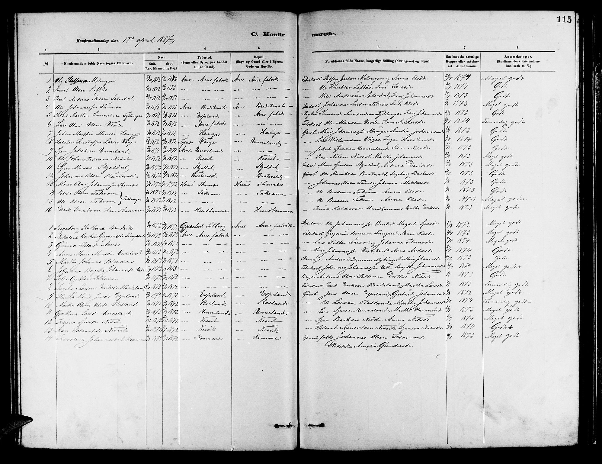 Arna Sokneprestembete, SAB/A-74001/H/Ha/Hab: Parish register (copy) no. A 2, 1878-1887, p. 115
