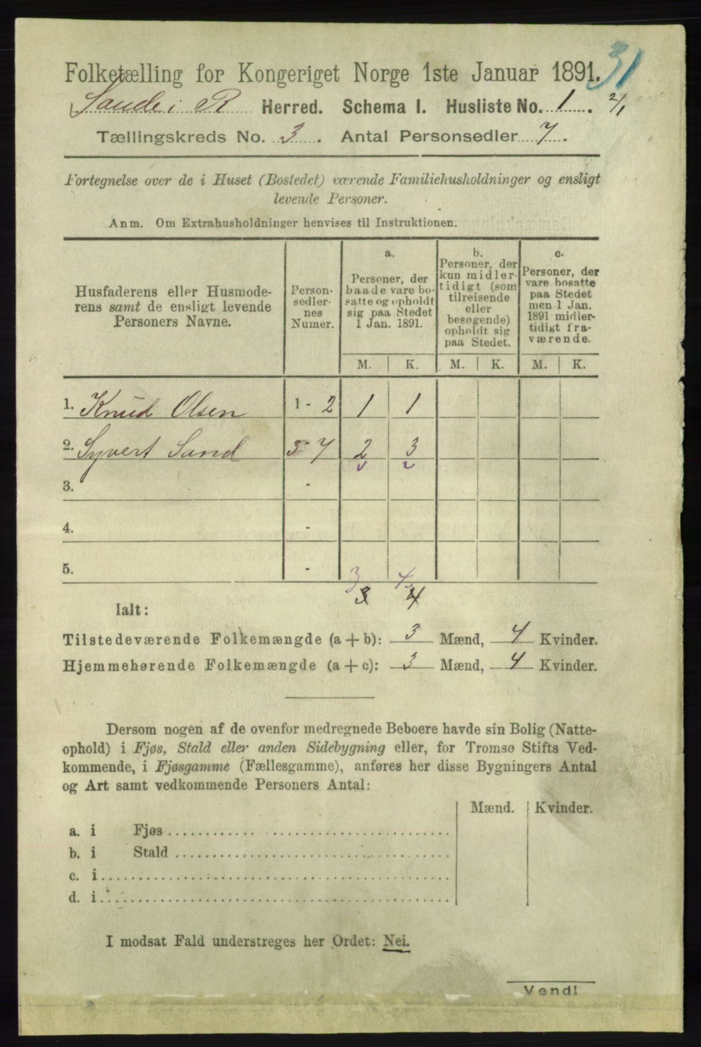 RA, 1891 census for 1135 Sauda, 1891, p. 1149