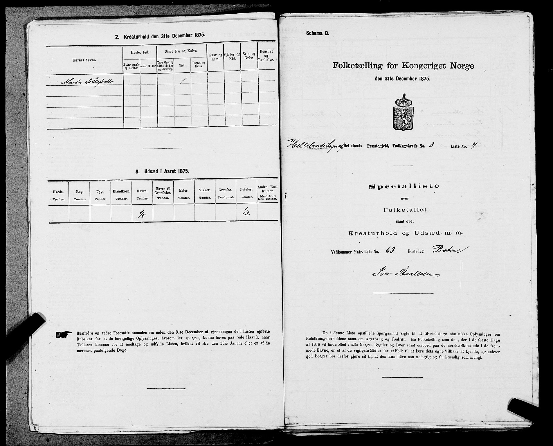 SAST, 1875 census for 1115P Helleland, 1875, p. 232