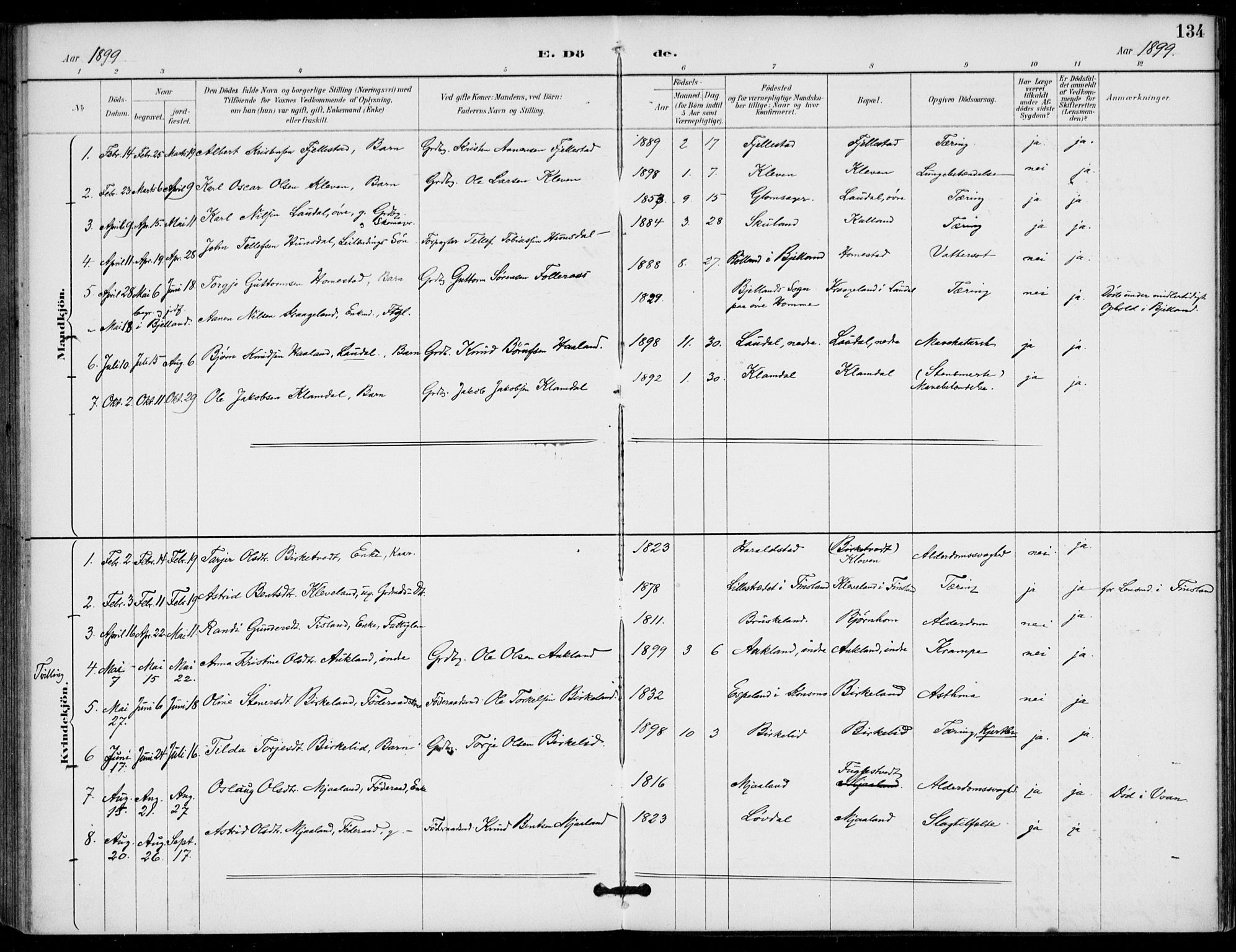 Holum sokneprestkontor, AV/SAK-1111-0022/F/Fa/Fab/L0007: Parish register (official) no. A 7, 1887-1912, p. 134