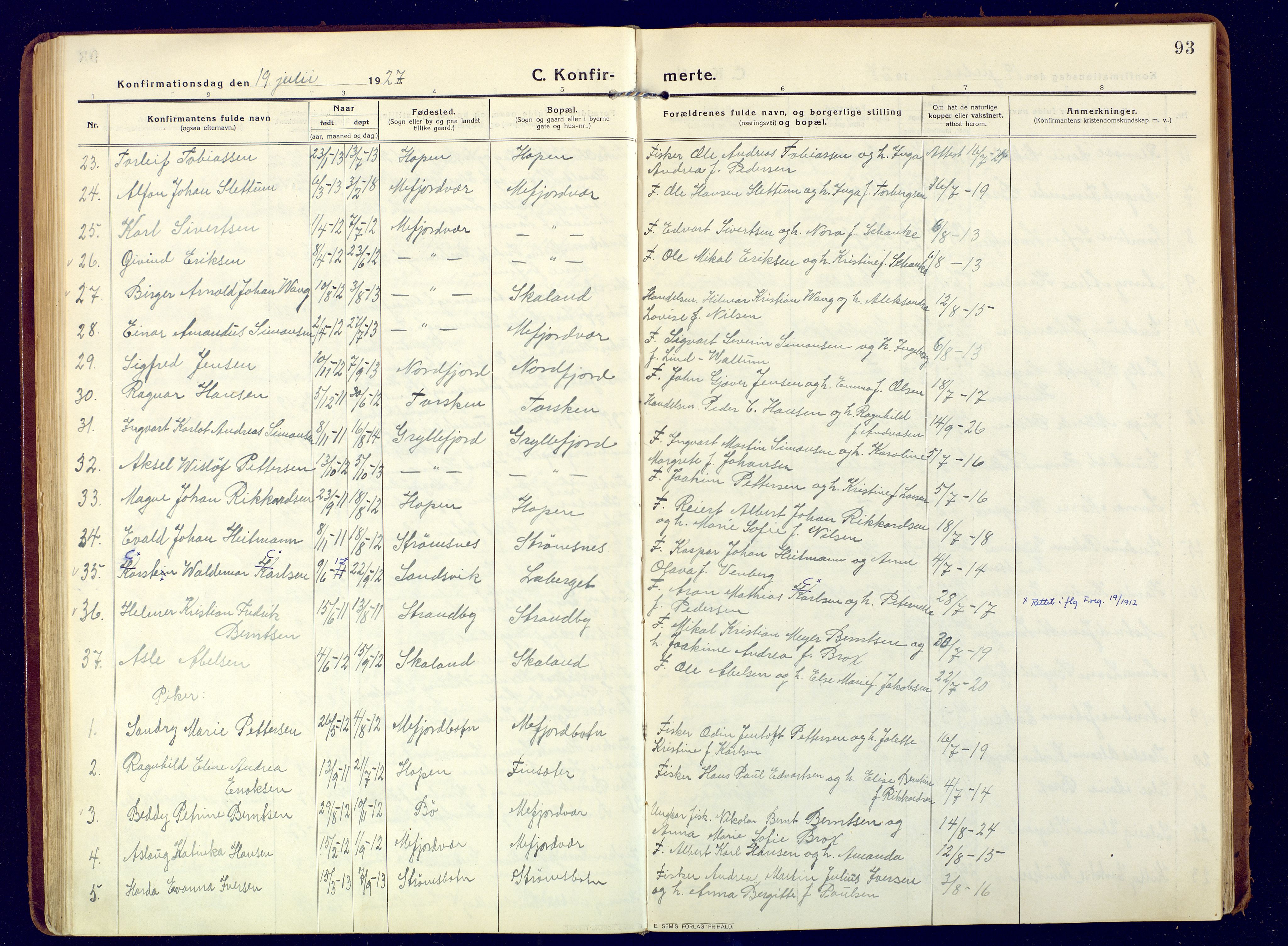 Berg sokneprestkontor, AV/SATØ-S-1318/G/Ga/Gaa/L0009kirke: Parish register (official) no. 9, 1916-1928, p. 93
