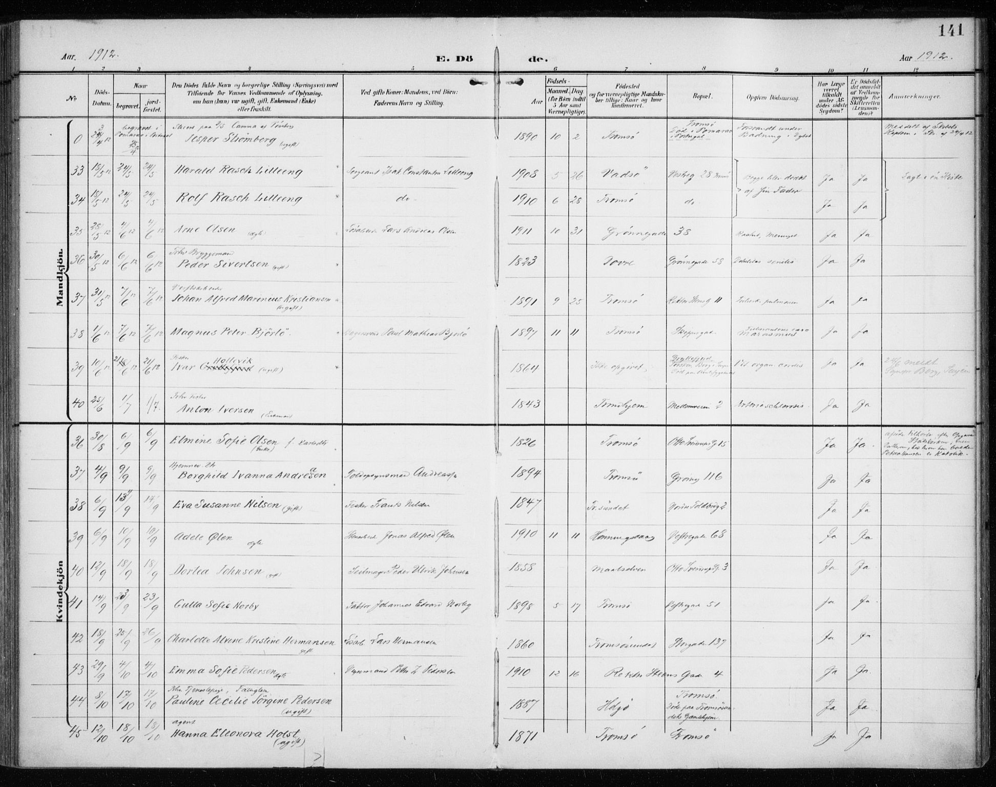 Tromsø sokneprestkontor/stiftsprosti/domprosti, AV/SATØ-S-1343/G/Ga/L0018kirke: Parish register (official) no. 18, 1907-1917, p. 141