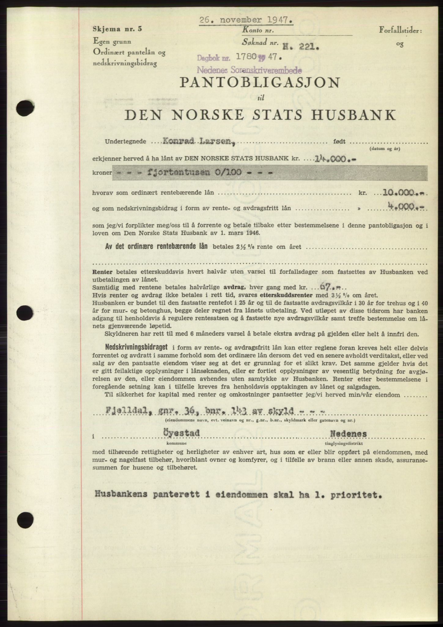 Nedenes sorenskriveri, AV/SAK-1221-0006/G/Gb/Gbb/L0004: Mortgage book no. B4, 1947-1947, Diary no: : 1780/1947