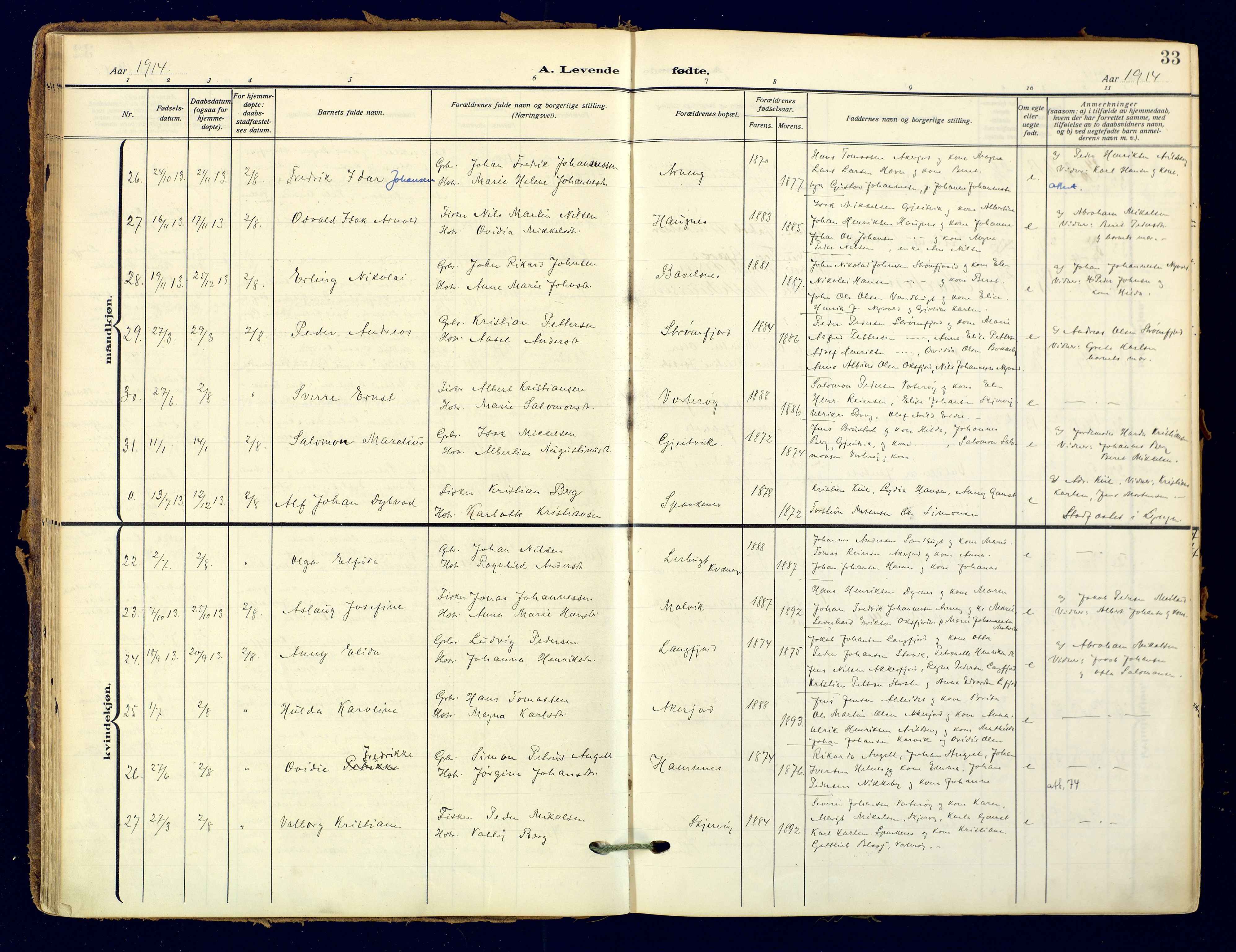 Skjervøy sokneprestkontor, AV/SATØ-S-1300/H/Ha/Haa: Parish register (official) no. 18, 1910-1926, p. 33