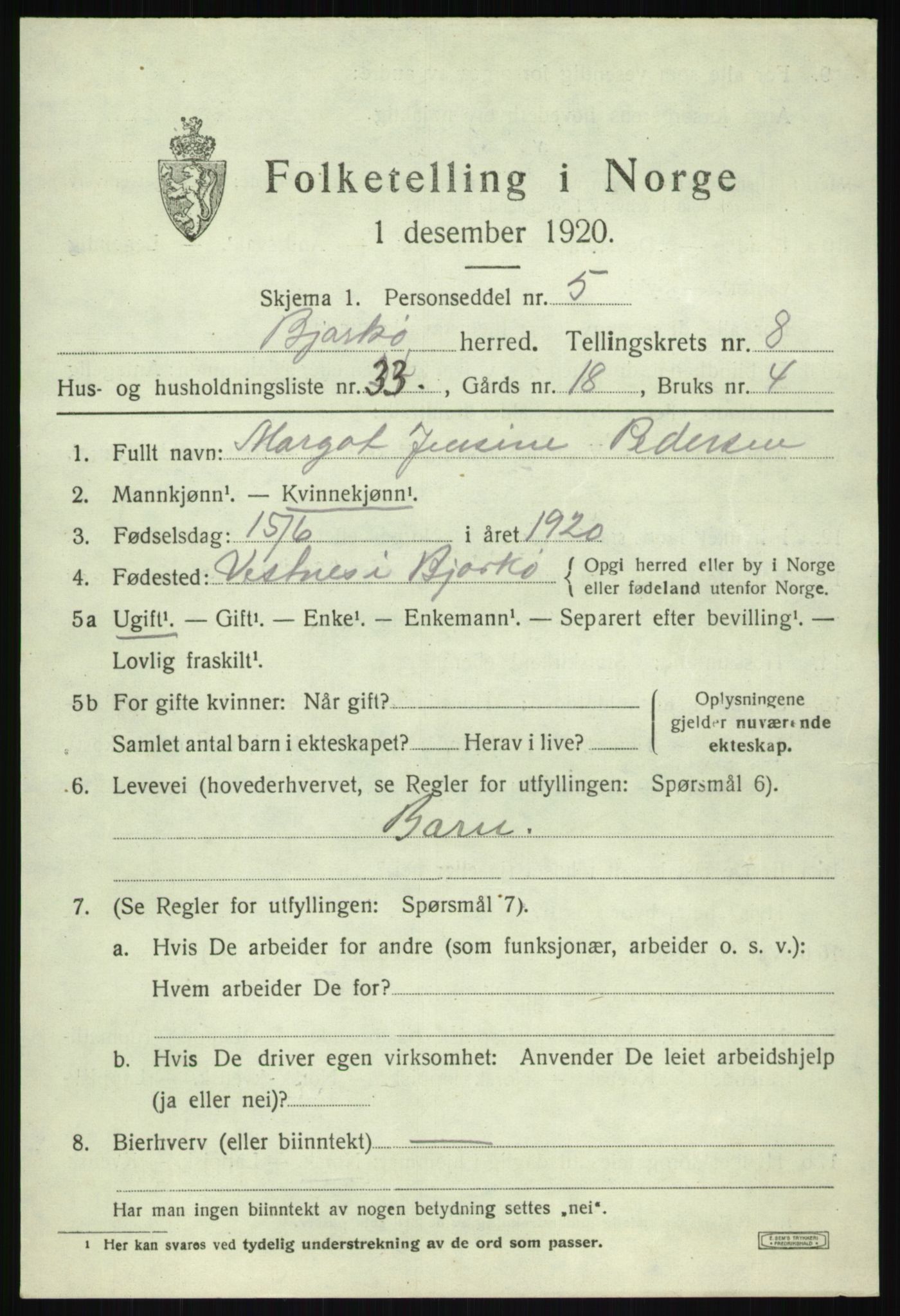 SATØ, 1920 census for Bjarkøy, 1920, p. 3813