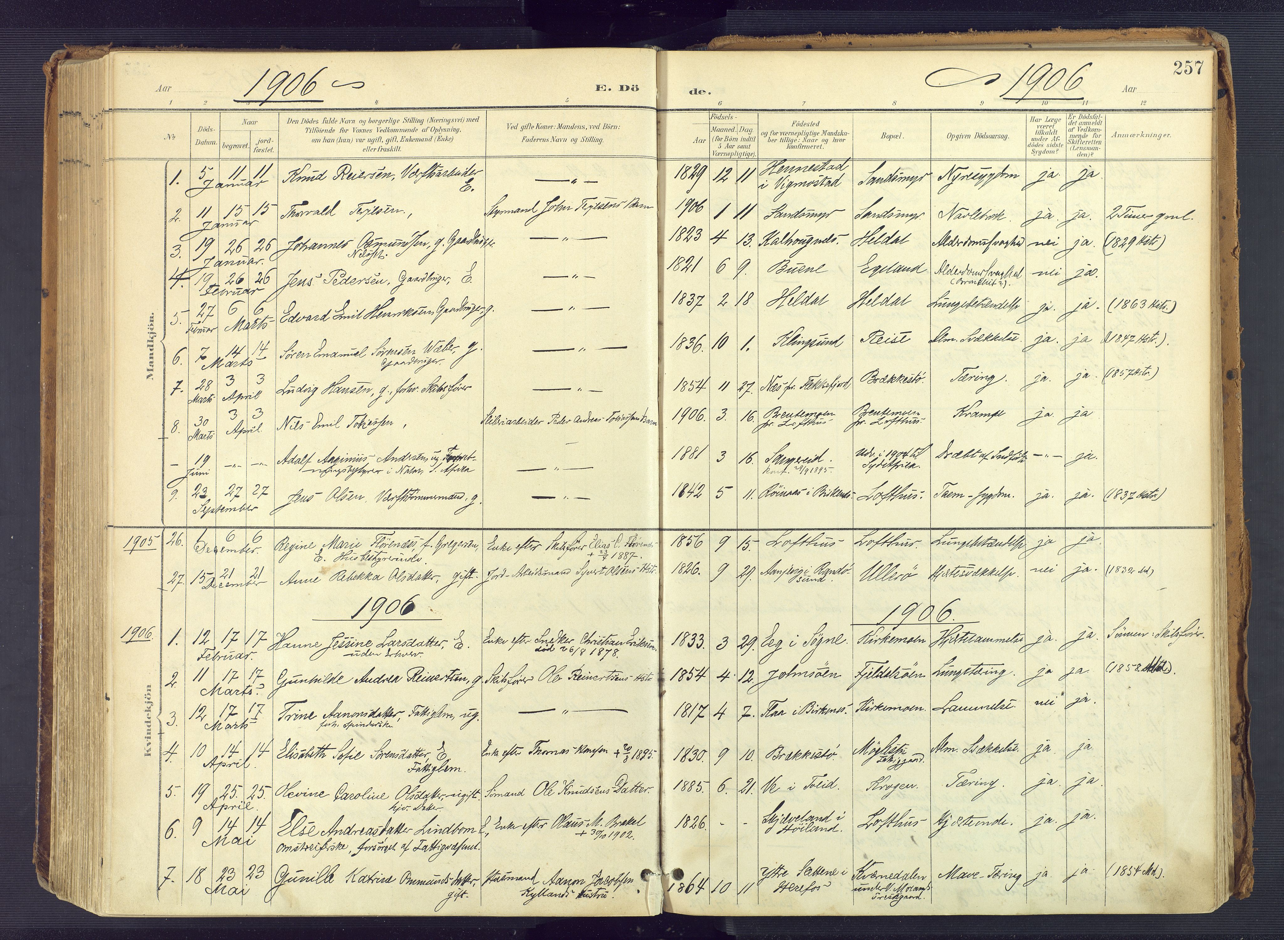 Vestre Moland sokneprestkontor, SAK/1111-0046/F/Fa/Fab/L0010: Parish register (official) no. A 10, 1900-1926, p. 257