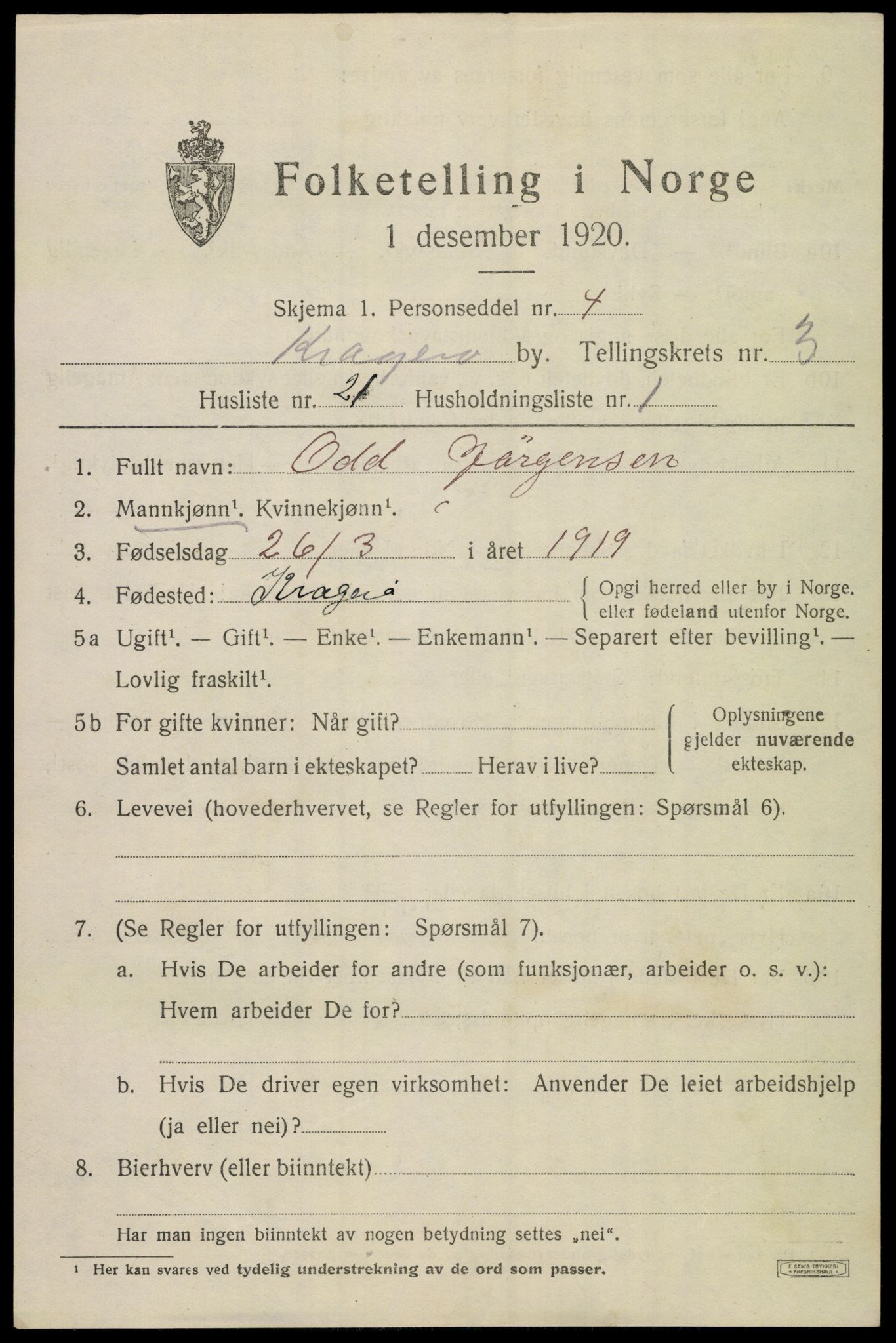 SAKO, 1920 census for Kragerø, 1920, p. 7297