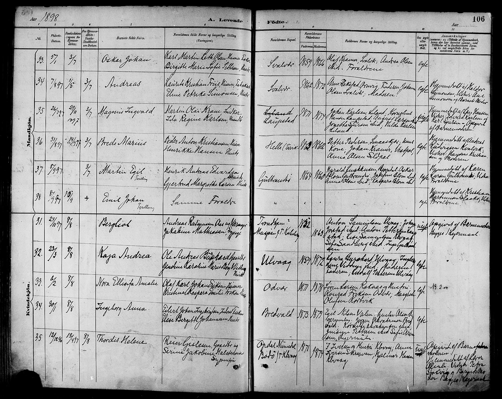 Ministerialprotokoller, klokkerbøker og fødselsregistre - Nordland, AV/SAT-A-1459/874/L1060: Parish register (official) no. 874A04, 1890-1899, p. 106