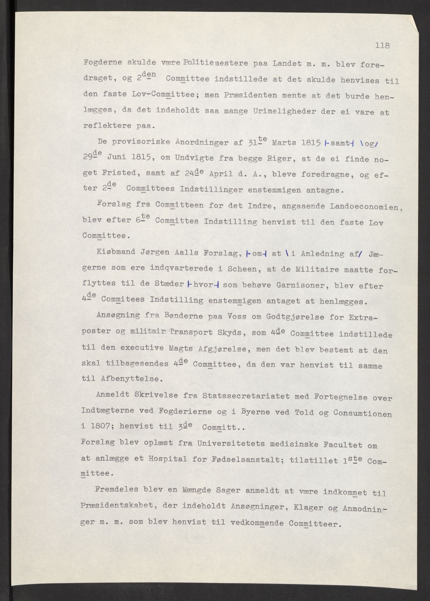 Manuskriptsamlingen, AV/RA-EA-3667/F/L0197: Wetlesen, Hans Jørgen (stortingsmann, ingeniørkaptein); Referat fra Stortinget 1815-1816, 1815-1816, p. 118