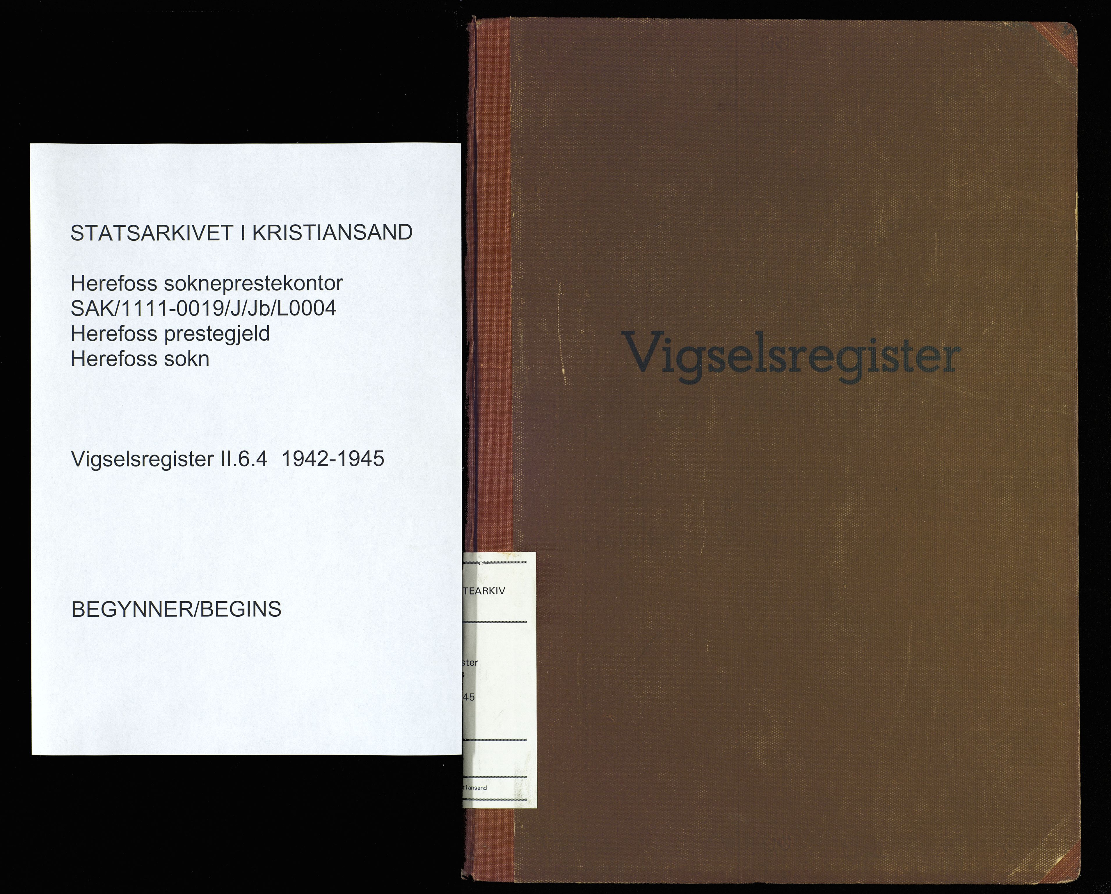 Herefoss sokneprestkontor, SAK/1111-0019/J/Jb/L0004: Marriage register no. II.6.4, 1942-1945