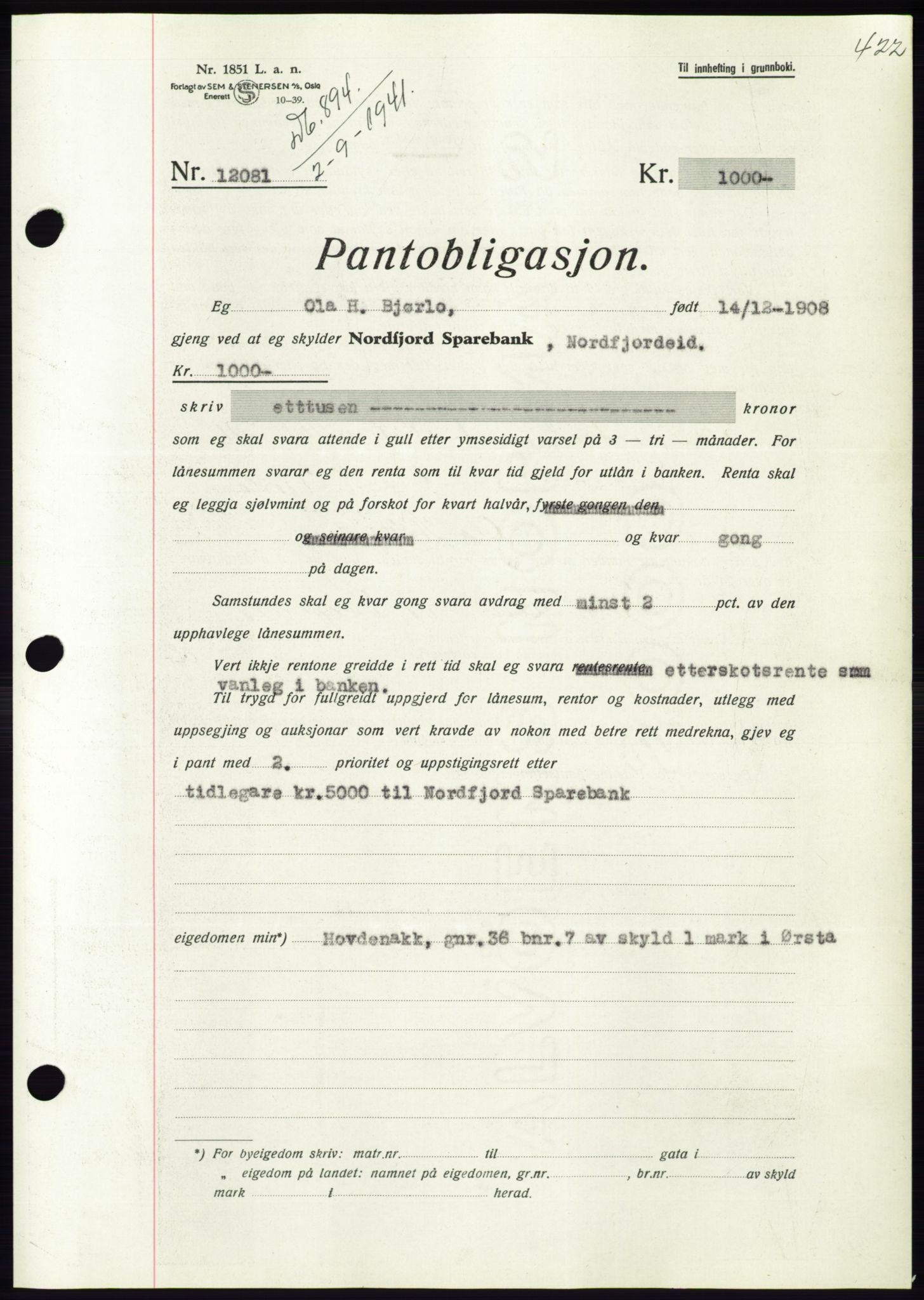 Søre Sunnmøre sorenskriveri, AV/SAT-A-4122/1/2/2C/L0071: Mortgage book no. 65, 1941-1941, Diary no: : 894/1941