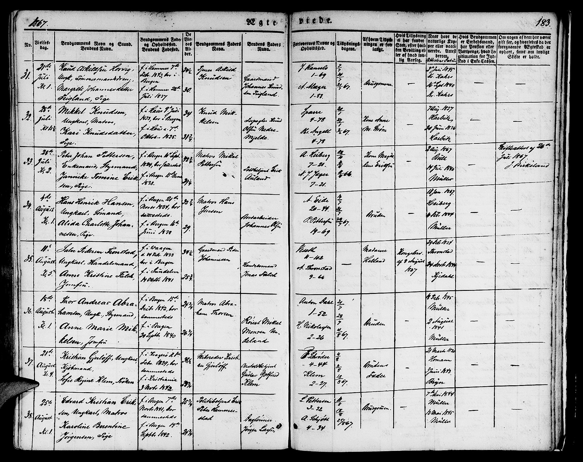 Nykirken Sokneprestembete, AV/SAB-A-77101/H/Hab: Parish register (copy) no. D 1, 1832-1867, p. 183