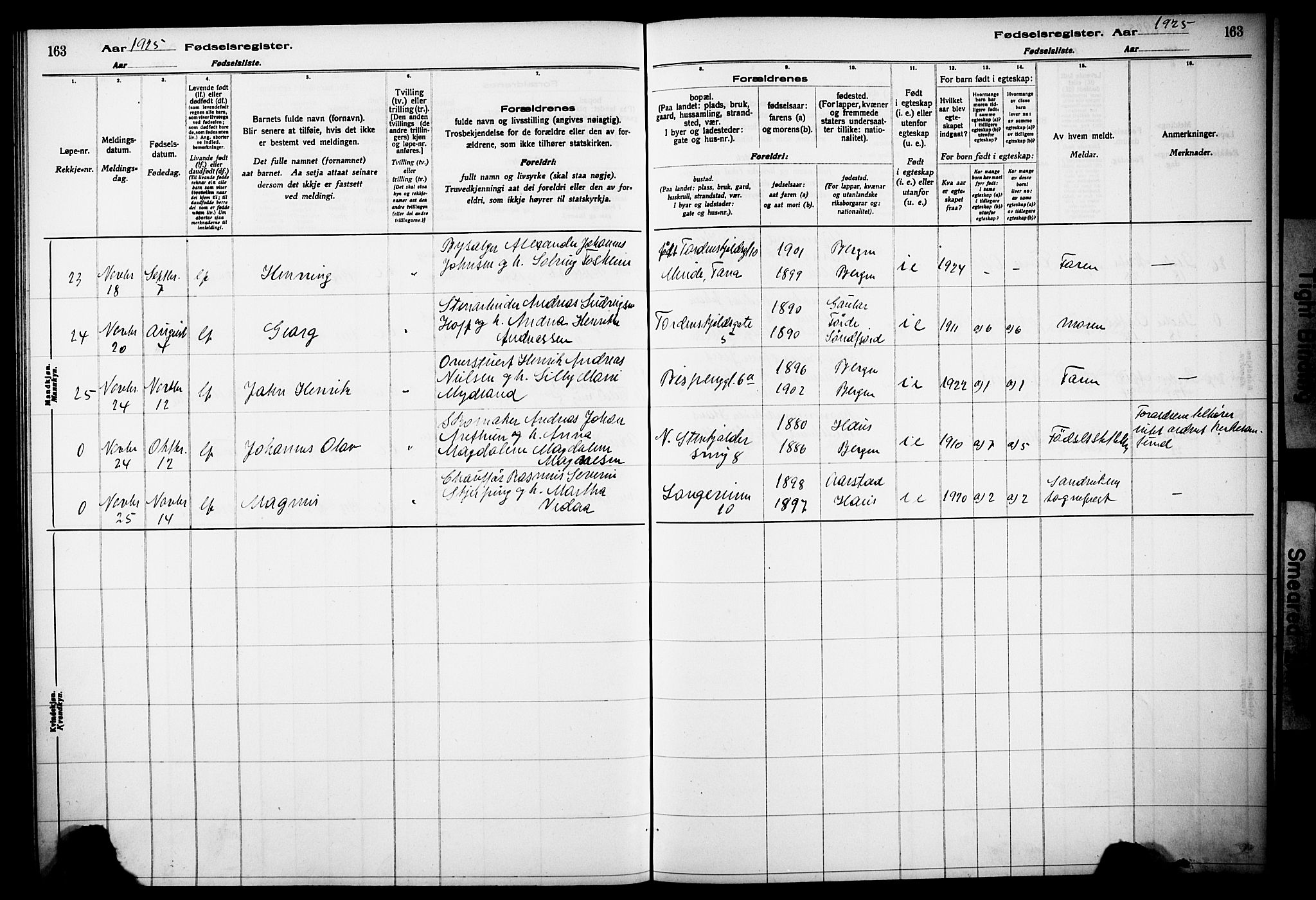 Korskirken sokneprestembete, SAB/A-76101/I/Id/L00A1: Birth register no. A 1, 1916-1929, p. 163