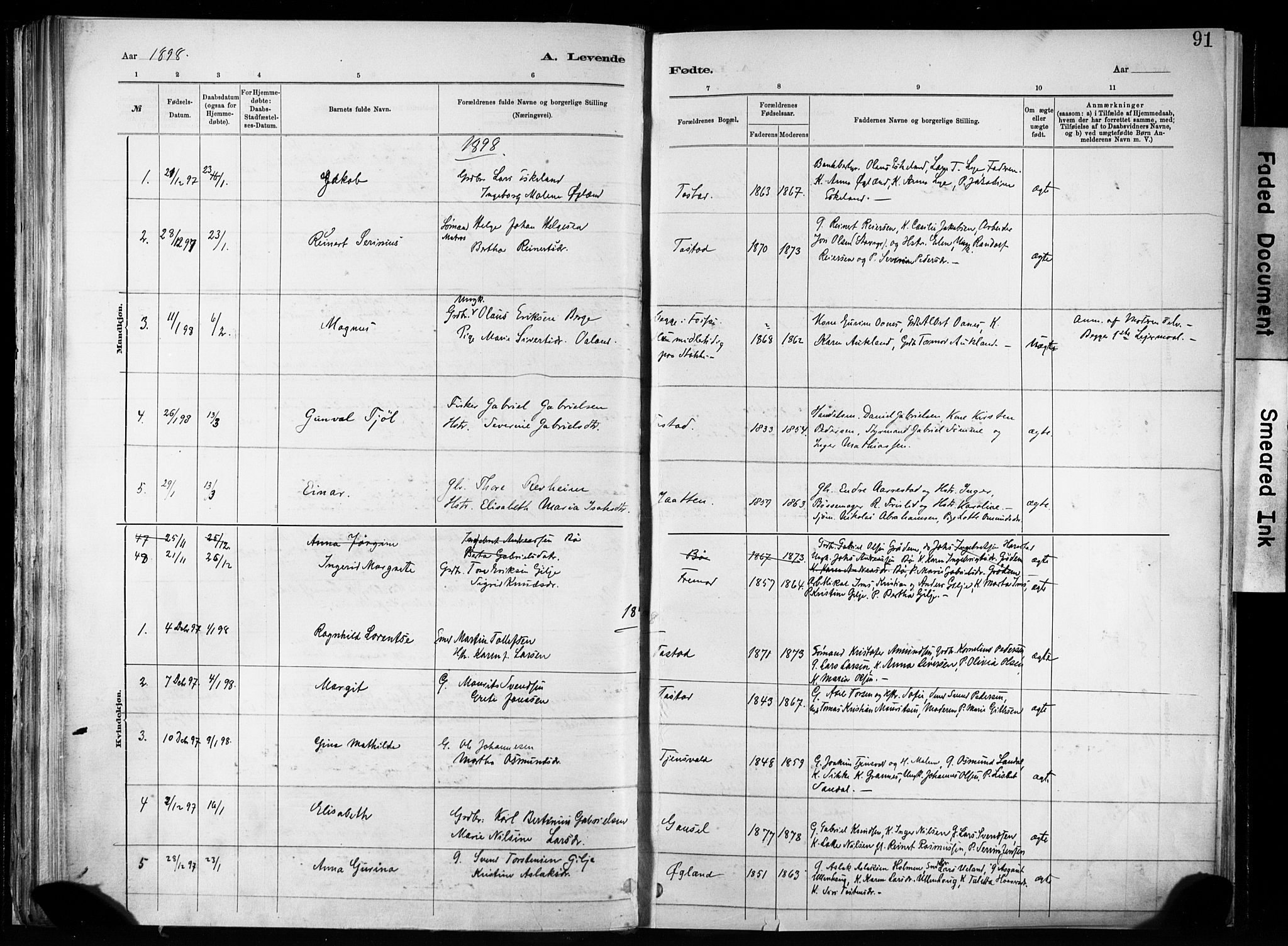 Hetland sokneprestkontor, SAST/A-101826/30/30BA/L0011: Parish register (official) no. A 11, 1884-1911, p. 91