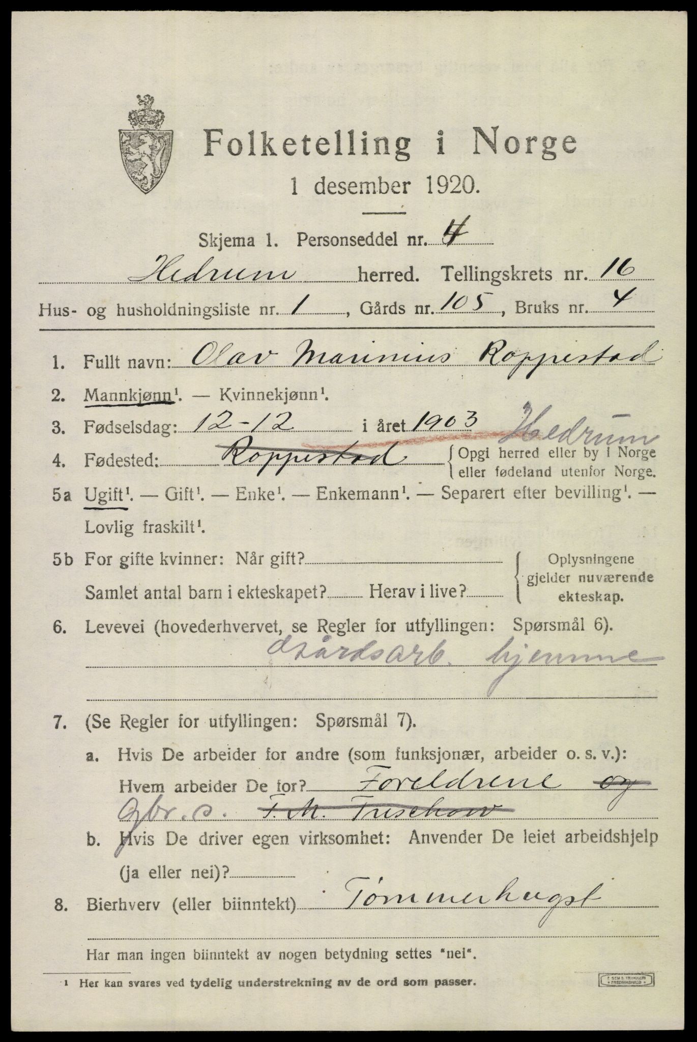 SAKO, 1920 census for Hedrum, 1920, p. 10259