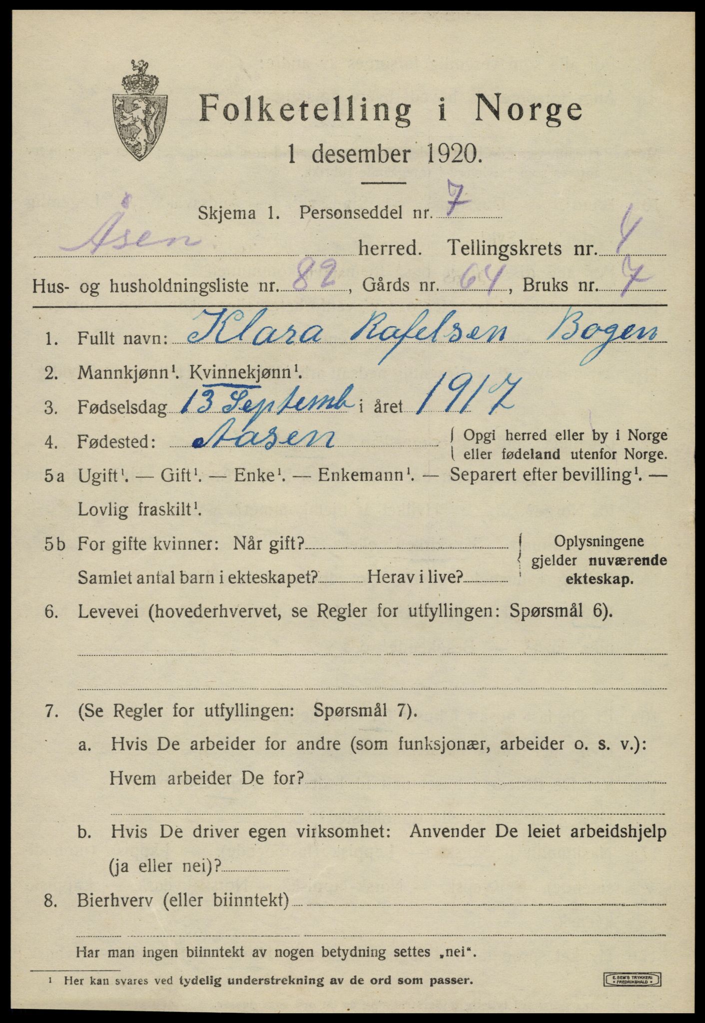 SAT, 1920 census for Åsen, 1920, p. 4008