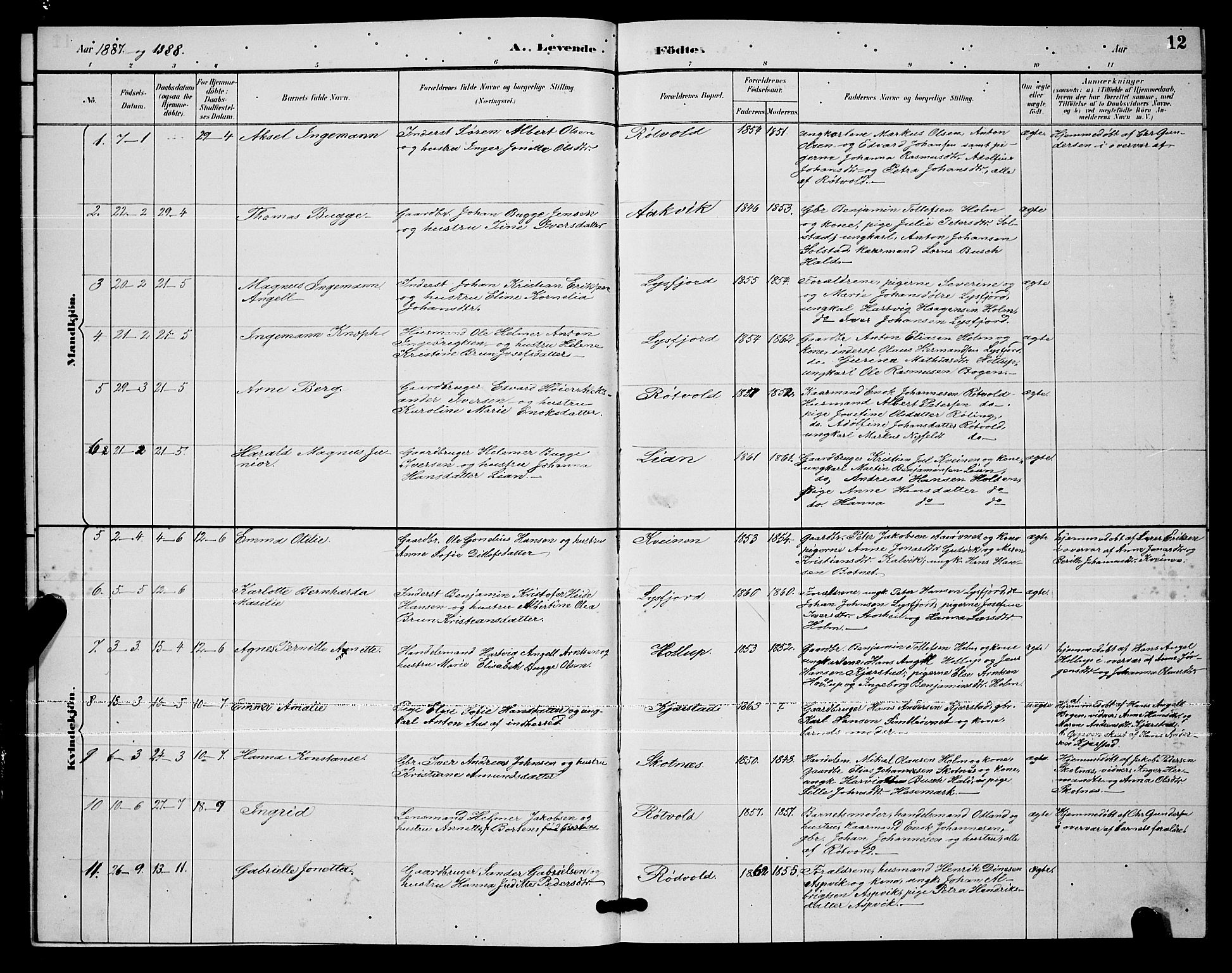 Ministerialprotokoller, klokkerbøker og fødselsregistre - Nordland, AV/SAT-A-1459/811/L0169: Parish register (copy) no. 811C01, 1884-1894, p. 12