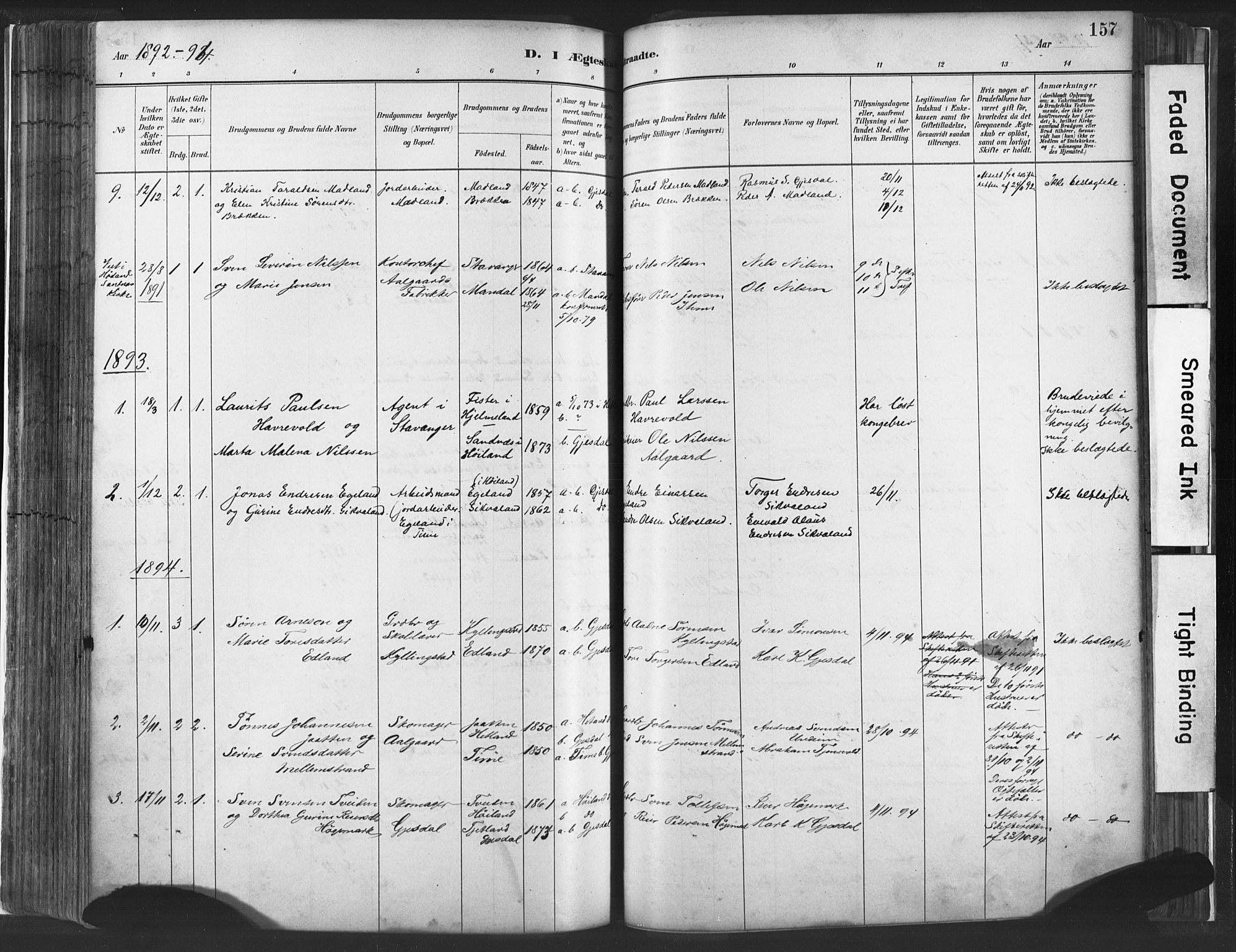 Lye sokneprestkontor, SAST/A-101794/001/30BA/L0010: Parish register (official) no. A 10, 1881-1896, p. 157