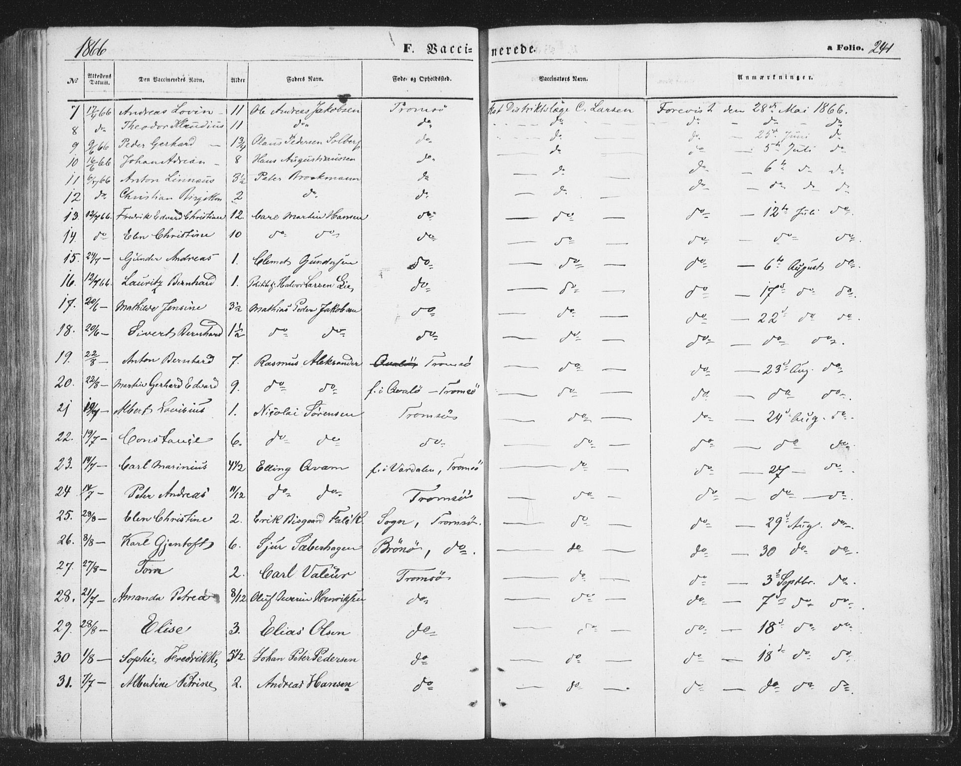 Tromsø sokneprestkontor/stiftsprosti/domprosti, AV/SATØ-S-1343/G/Ga/L0012kirke: Parish register (official) no. 12, 1865-1871, p. 241