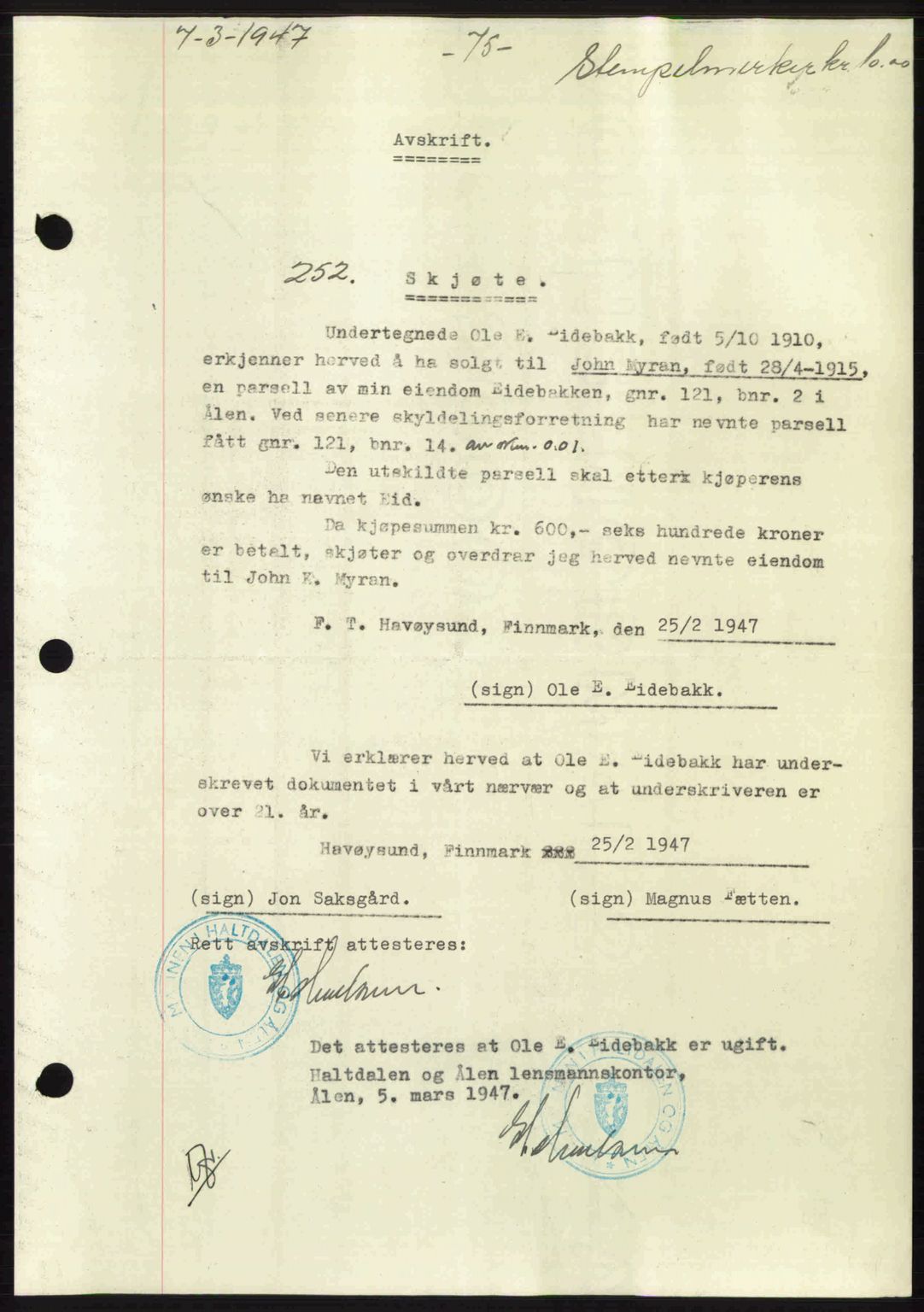 Gauldal sorenskriveri, SAT/A-0014/1/2/2C: Mortgage book no. A3, 1947-1947, Diary no: : 252/1947