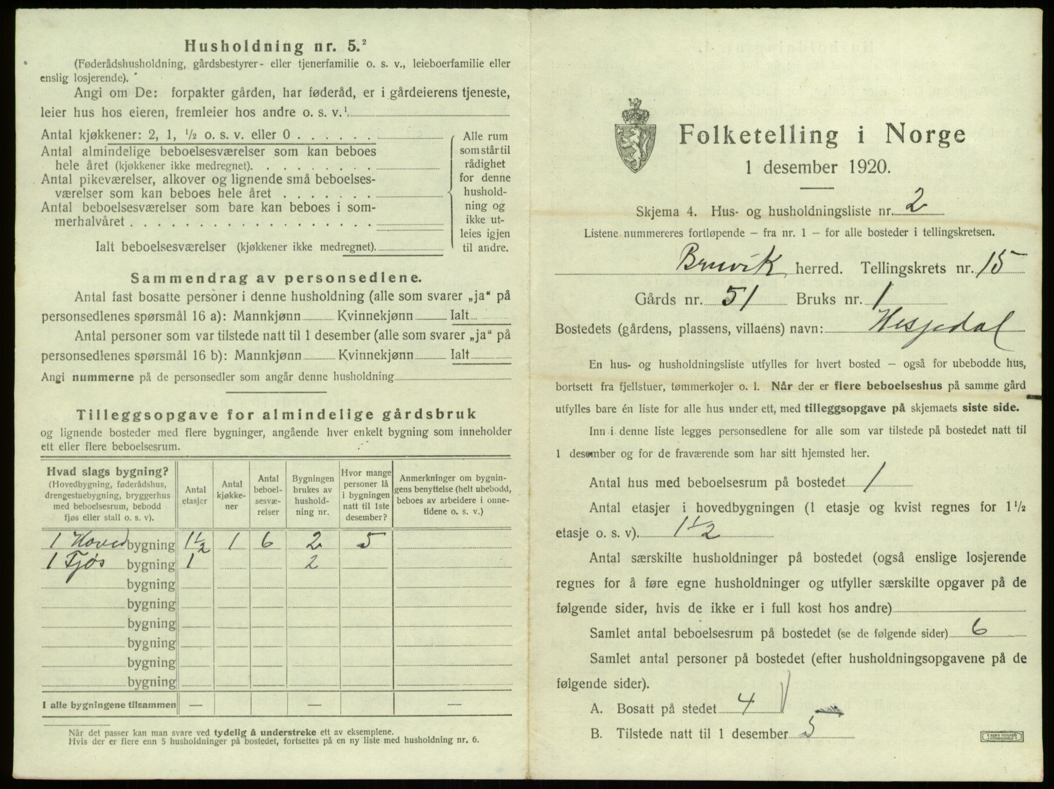 SAB, 1920 census for Bruvik, 1920, p. 1021