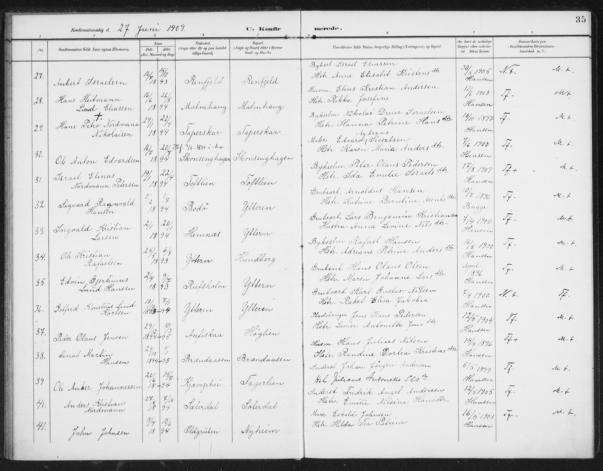 Ministerialprotokoller, klokkerbøker og fødselsregistre - Nordland, AV/SAT-A-1459/827/L0403: Parish register (official) no. 827A15, 1903-1912, p. 35