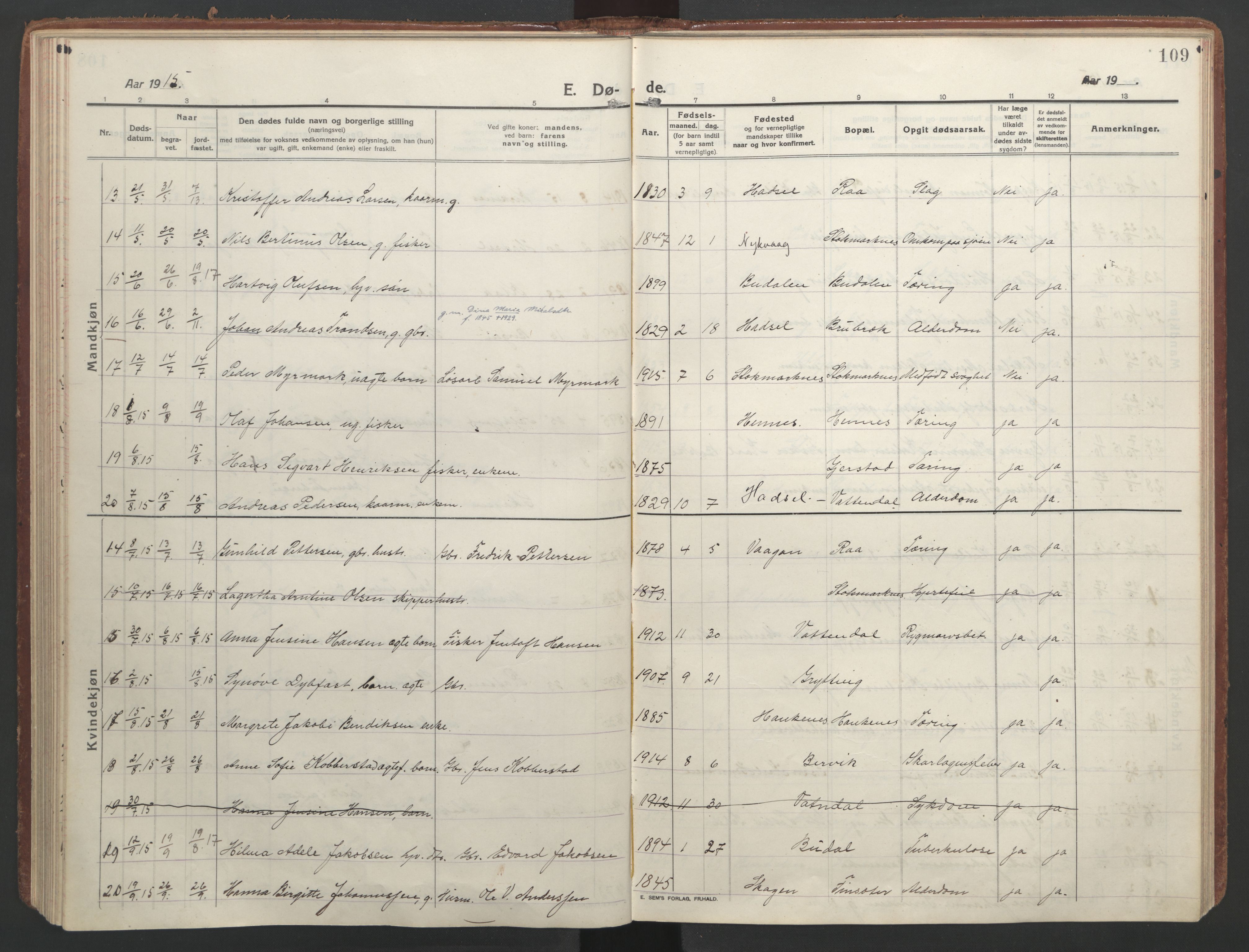 Ministerialprotokoller, klokkerbøker og fødselsregistre - Nordland, AV/SAT-A-1459/888/L1251: Parish register (official) no. 888A17, 1913-1925, p. 109