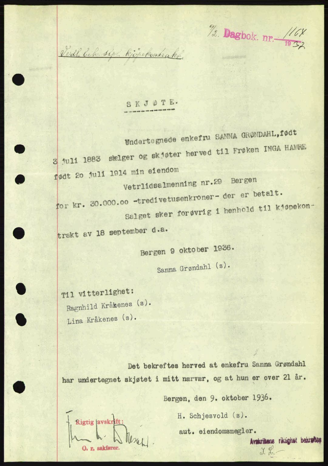 Byfogd og Byskriver i Bergen, SAB/A-3401/03/03Bc/L0004: Mortgage book no. A3-4, 1936-1937, Diary no: : 1164/1937