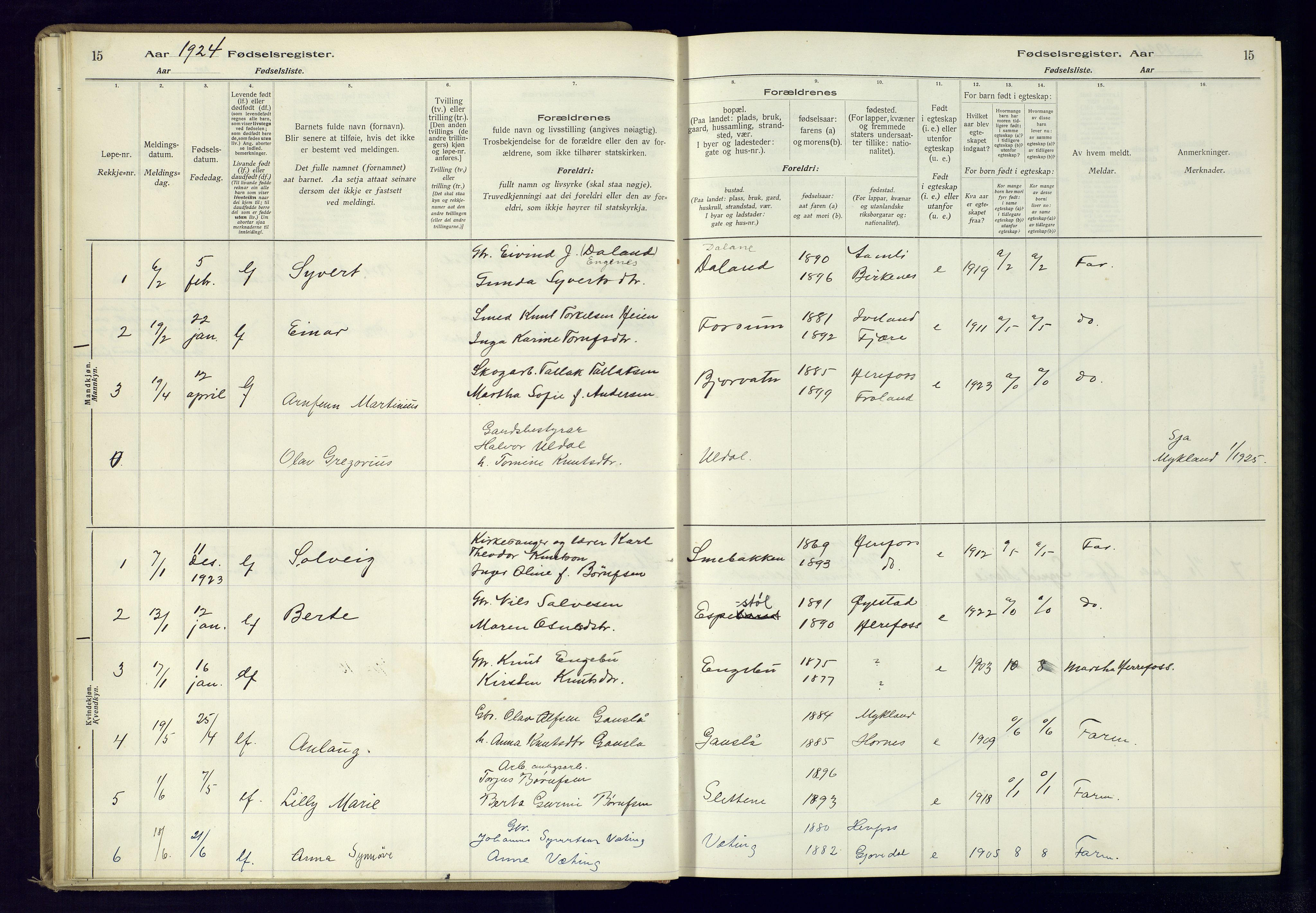 Herefoss sokneprestkontor, AV/SAK-1111-0019/J/Ja/L0001: Birth register no. II.6.10, 1916-1982, p. 15