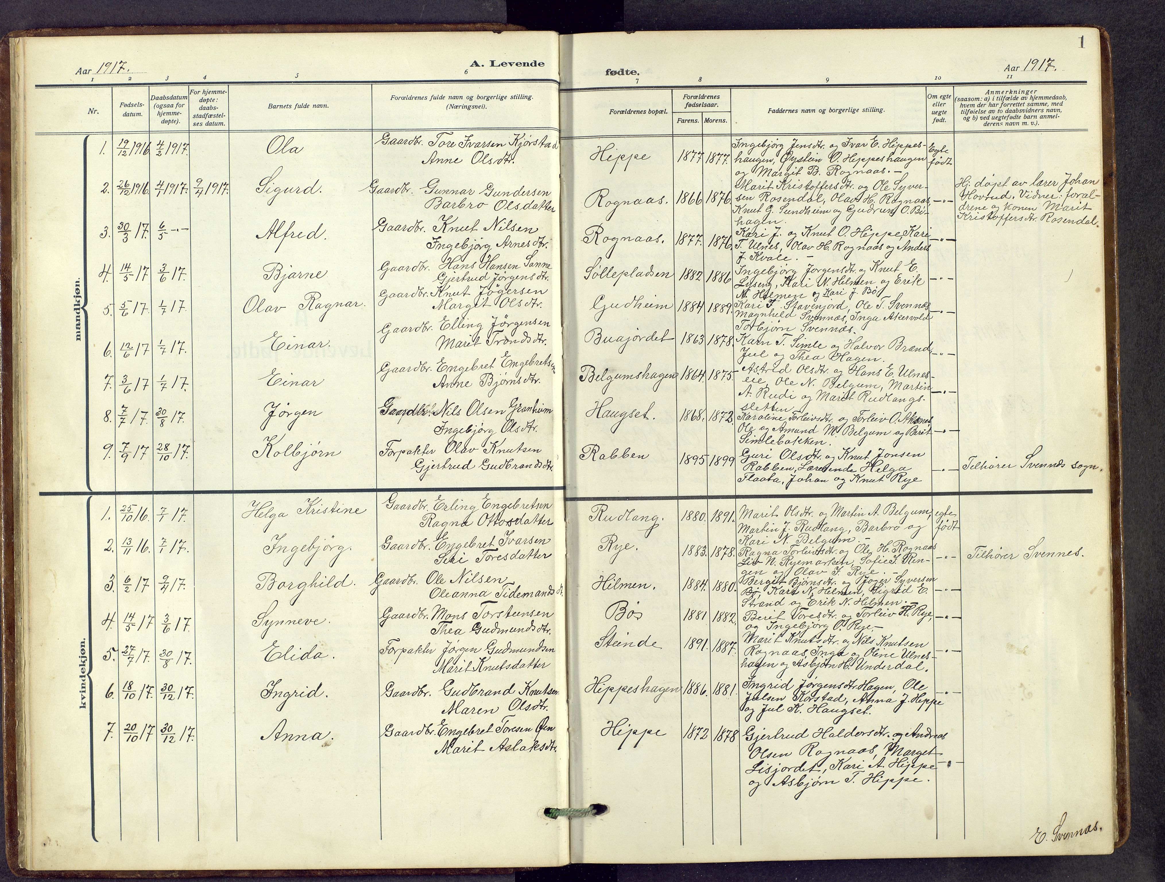 Nord-Aurdal prestekontor, AV/SAH-PREST-132/H/Ha/Hab/L0014: Parish register (copy) no. 14, 1917-1953, p. 1