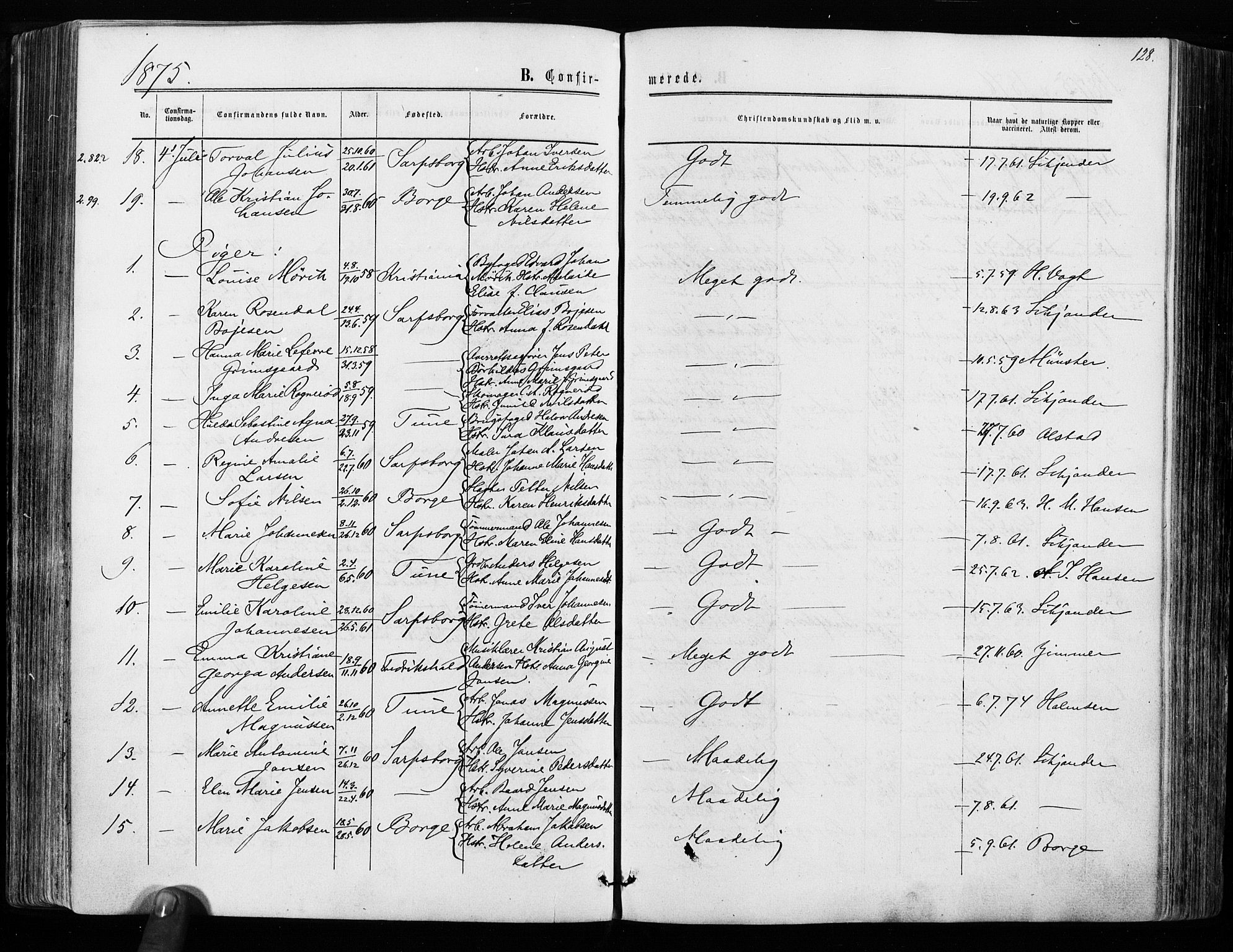 Sarpsborg prestekontor Kirkebøker, SAO/A-2006/F/Fa/L0002: Parish register (official) no. 2, 1869-1877, p. 128