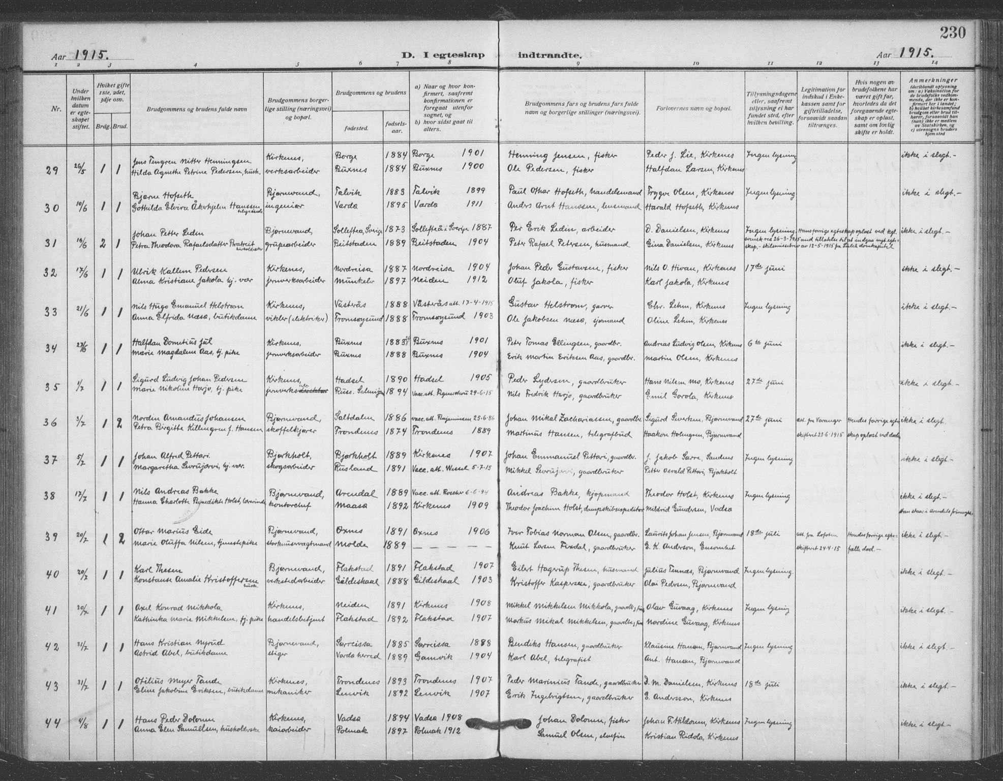 Sør-Varanger sokneprestkontor, AV/SATØ-S-1331/H/Ha/L0005kirke: Parish register (official) no. 5, 1909-1919, p. 230