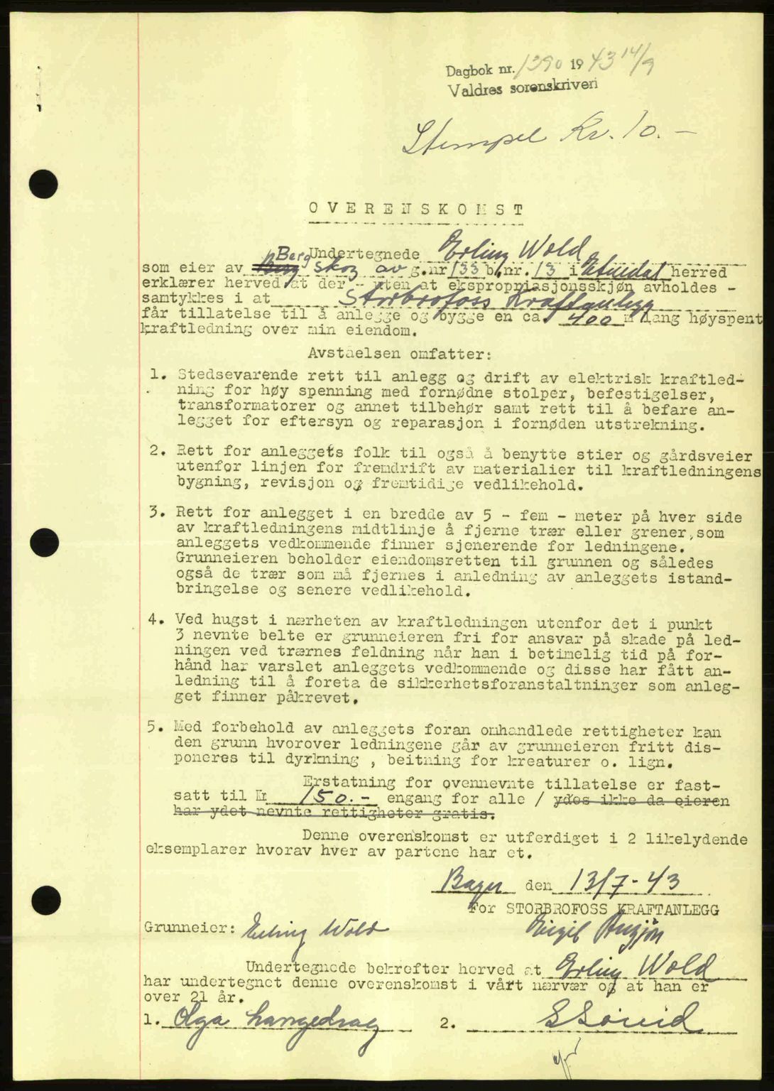 Valdres sorenskriveri, AV/SAH-TING-016/H/Hb/Hbc/L0014: Mortgage book no. B14, 1943-1944, Diary no: : 1390/1943